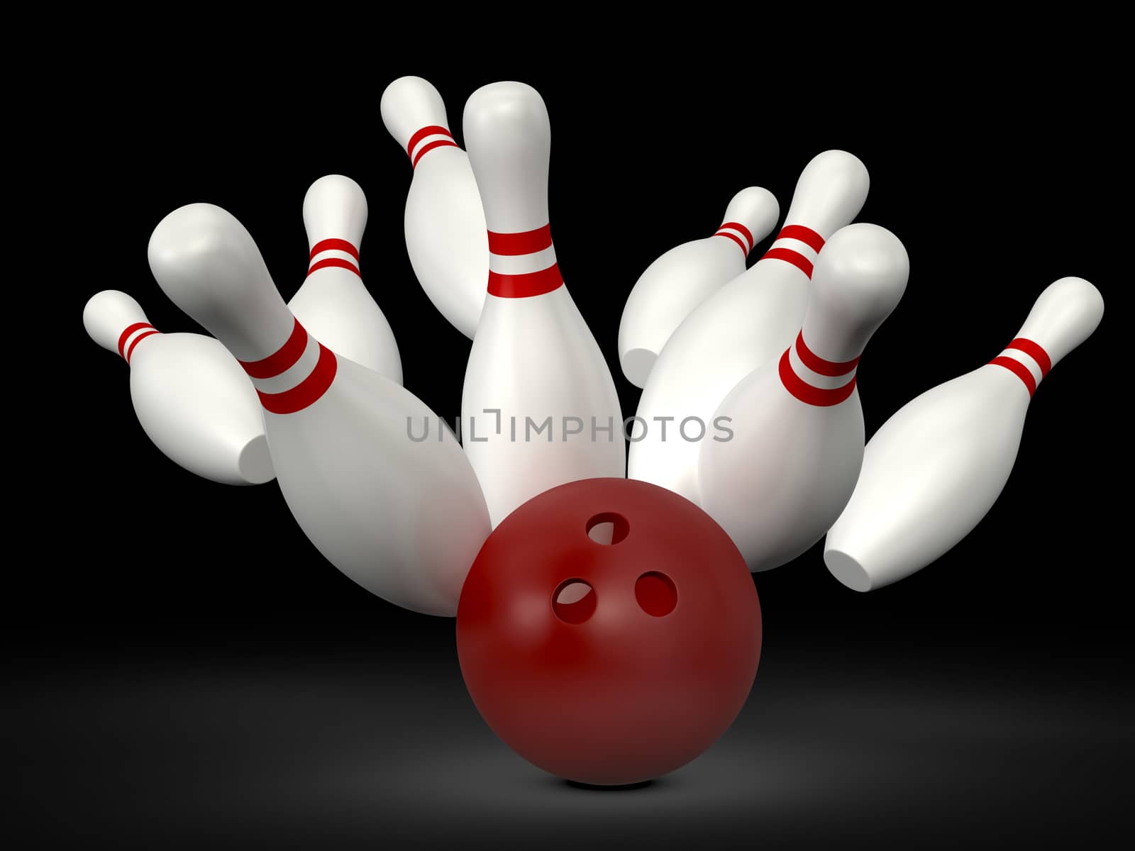 Red bowling ball crashes into the bowling pins with red stripes on black background.