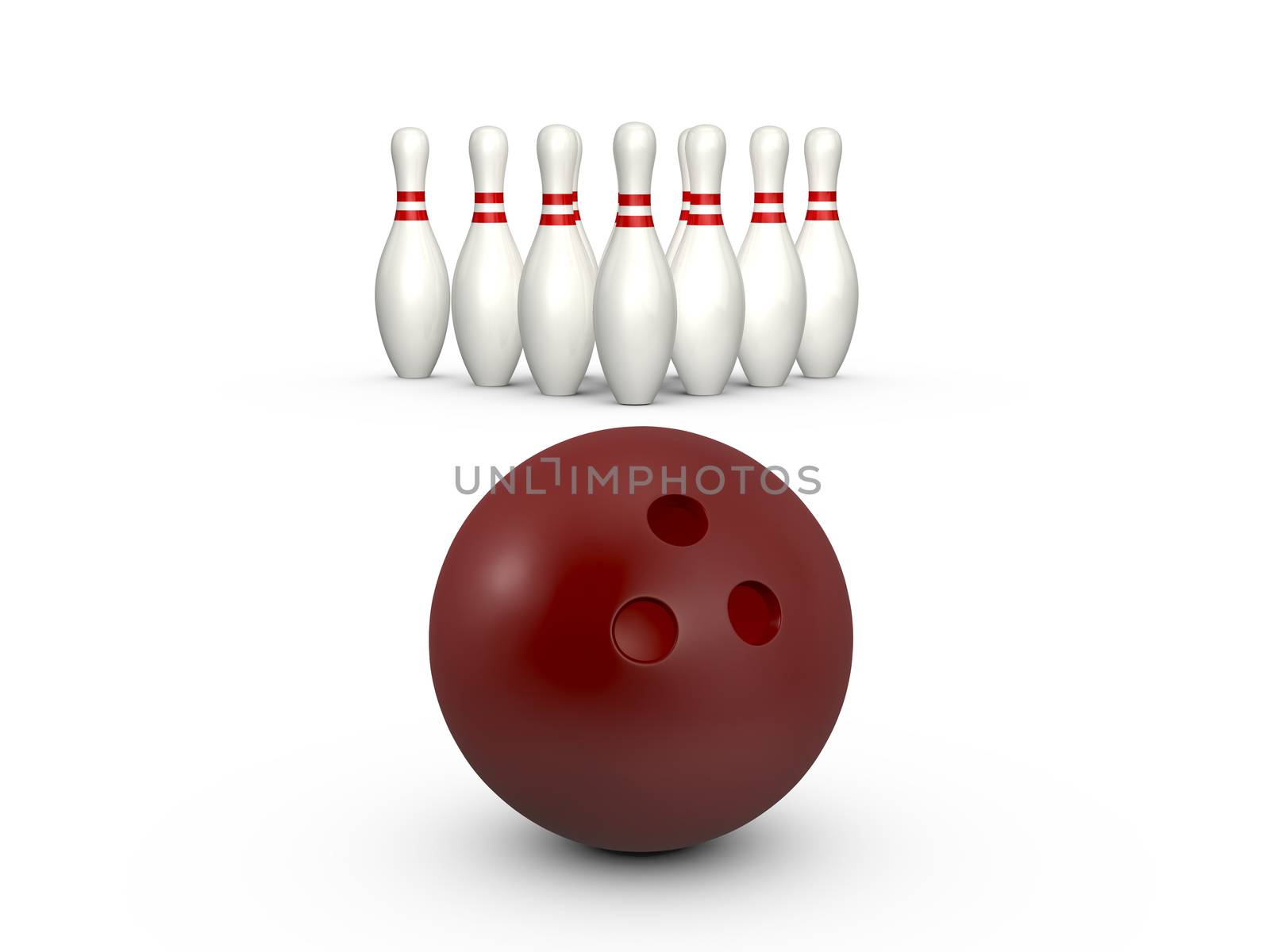 Bowling ball ready to hit skittle, isolated on white background.