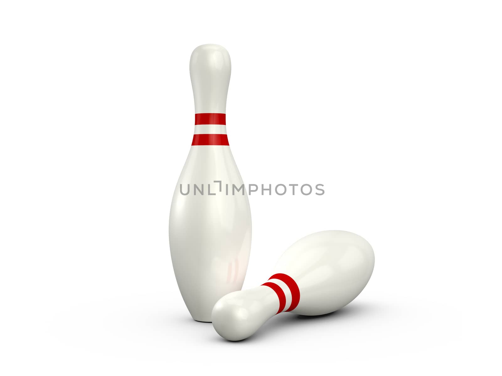 Standing and lying bowling pins with red stripes, isolated on white background.