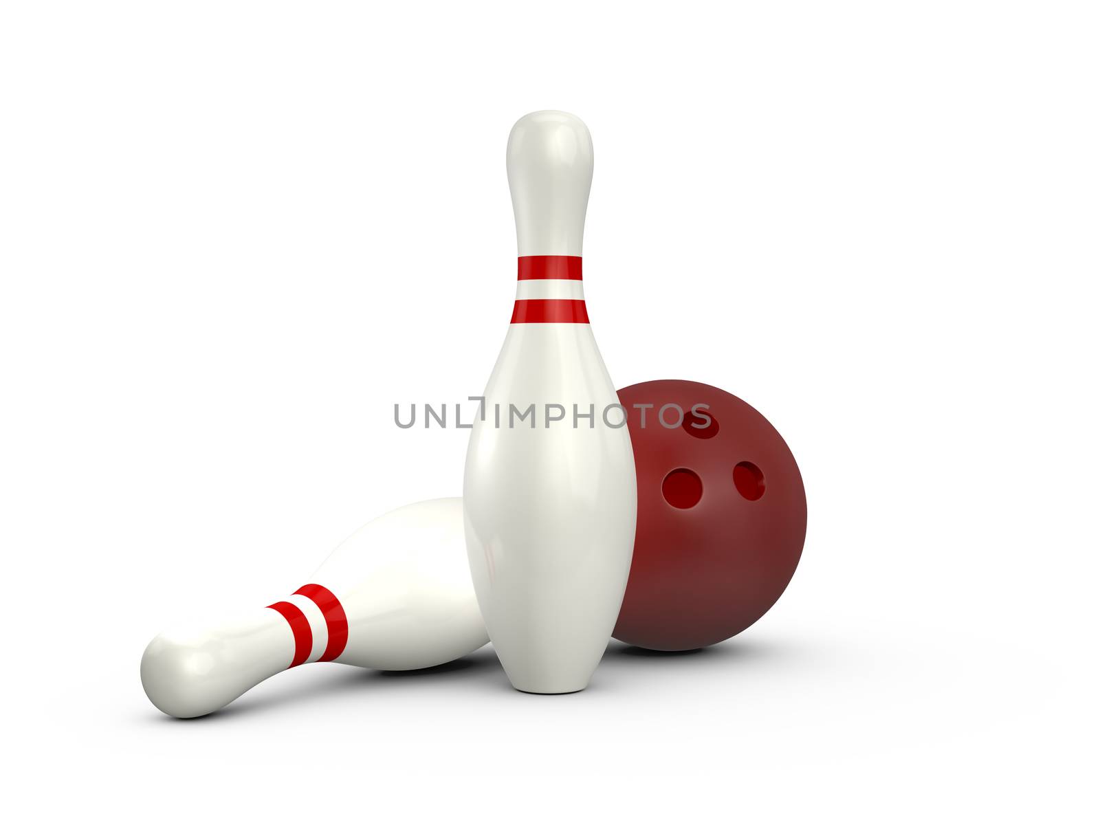 Bowling ball and pins with red stripes, isolated on white background.