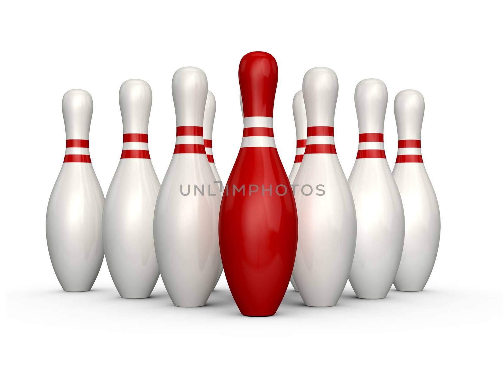 Red bowling pin standing out from the crowd, front of other skittles, isolated on white background.