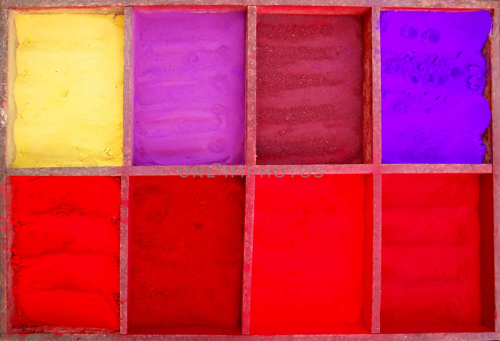 Bright colored tika powder used in Hindu religion, Nepal