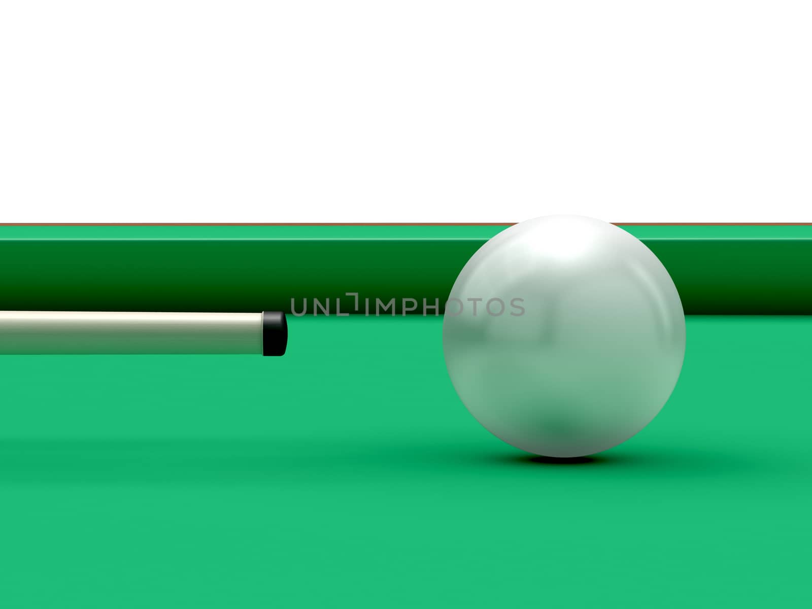 Billiard cue and white ball on green billiard table, isolated on white background.
