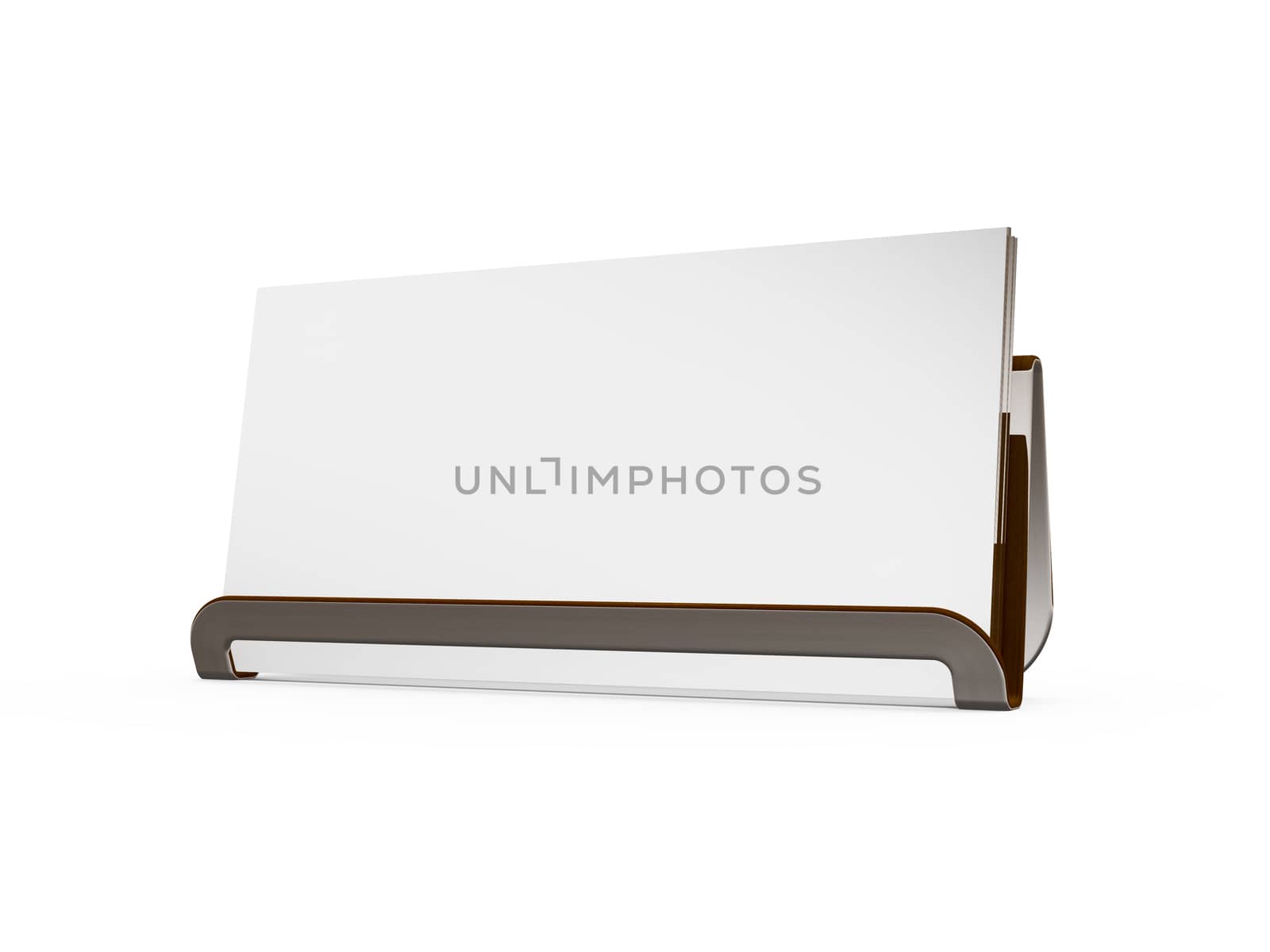 Card holder with blank business card, isolated on white background.