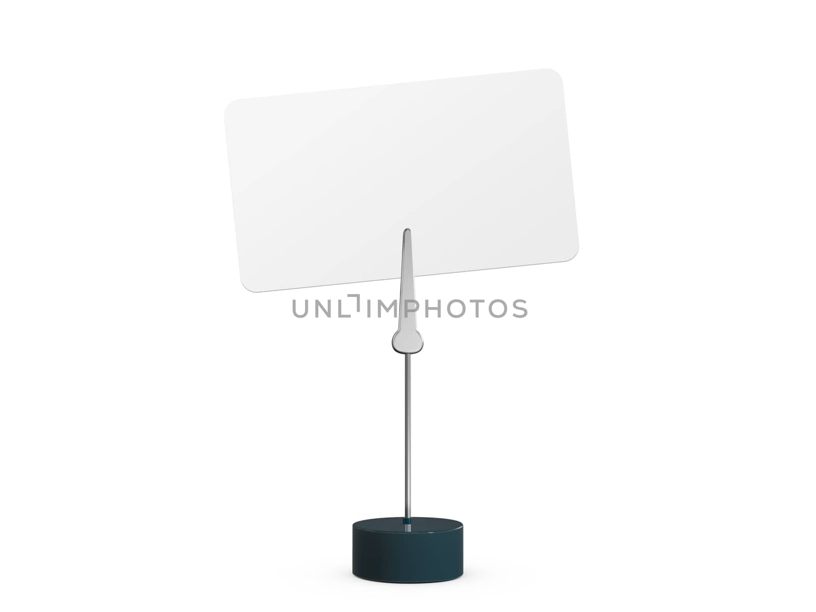 Blank business card attached to card holder, isolated on white background.