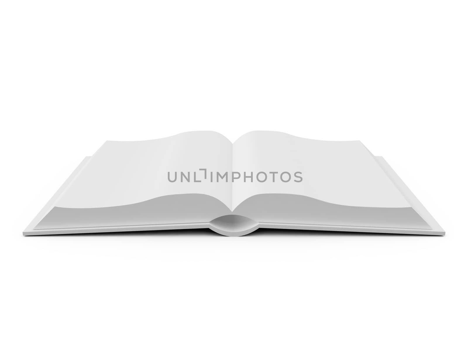 Opened blank book or notebook, template, front view, isolated on white background.