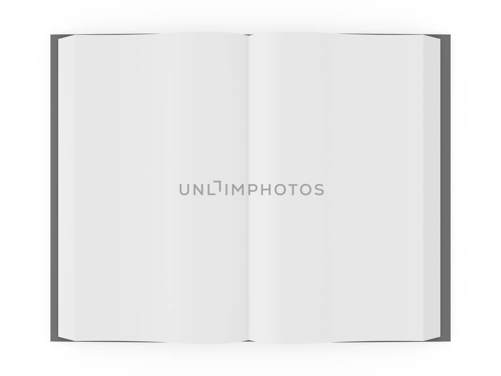 Opened blank book or notebook, template, top view, isolated on white background.
