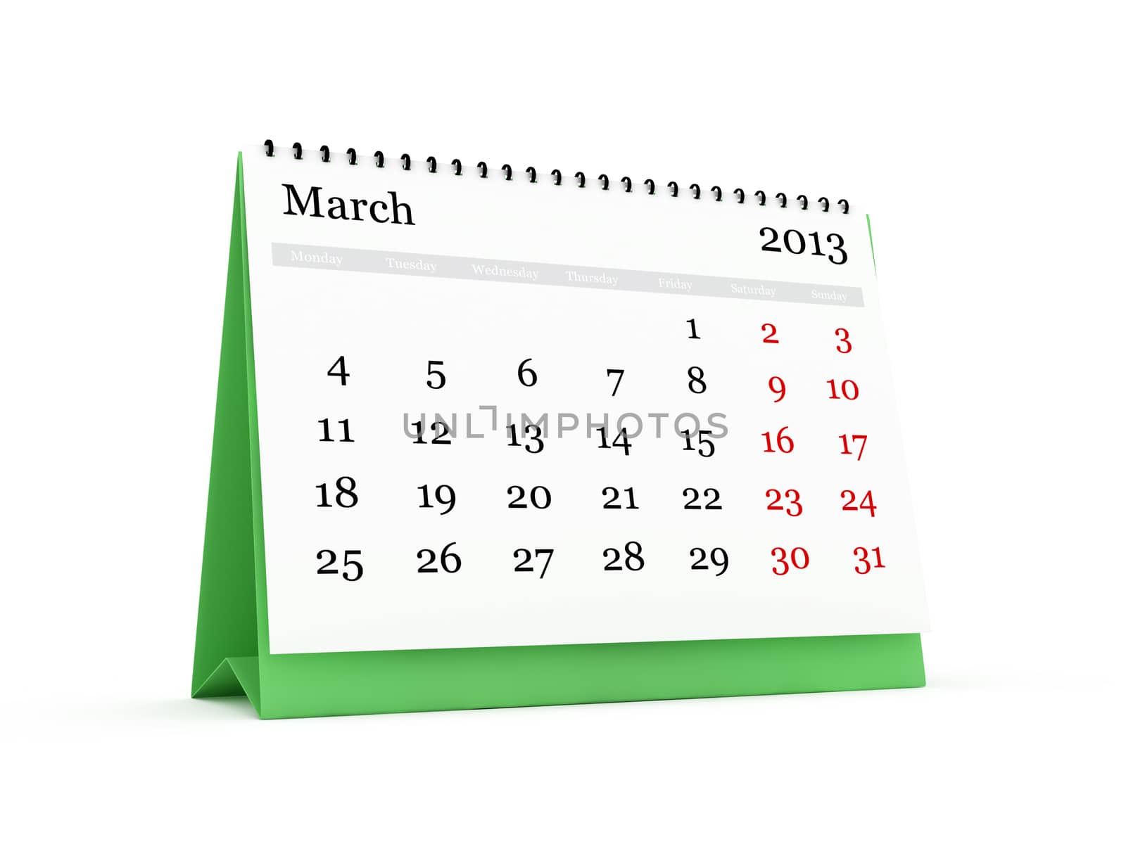 Desk calendar, March month, 2013 year, isolated on white background.