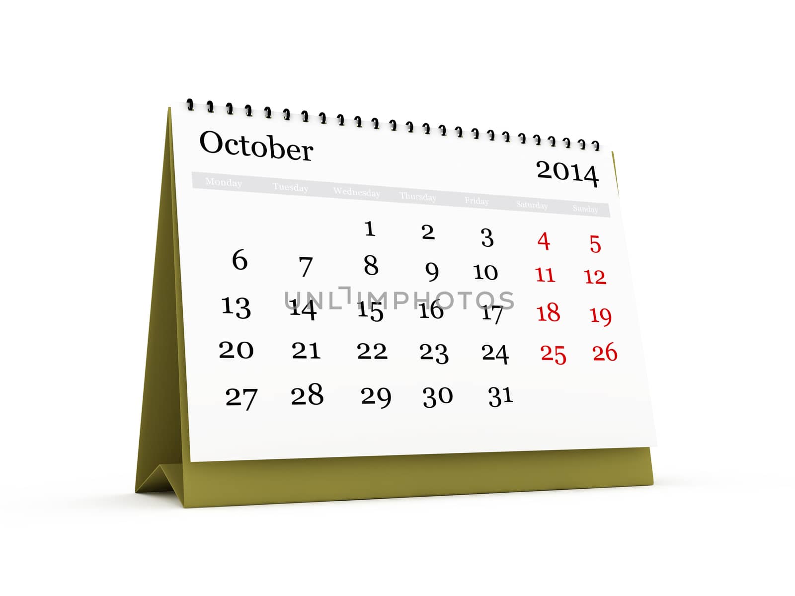 Desk calendar, October month, 2014 year, isolated on white background.