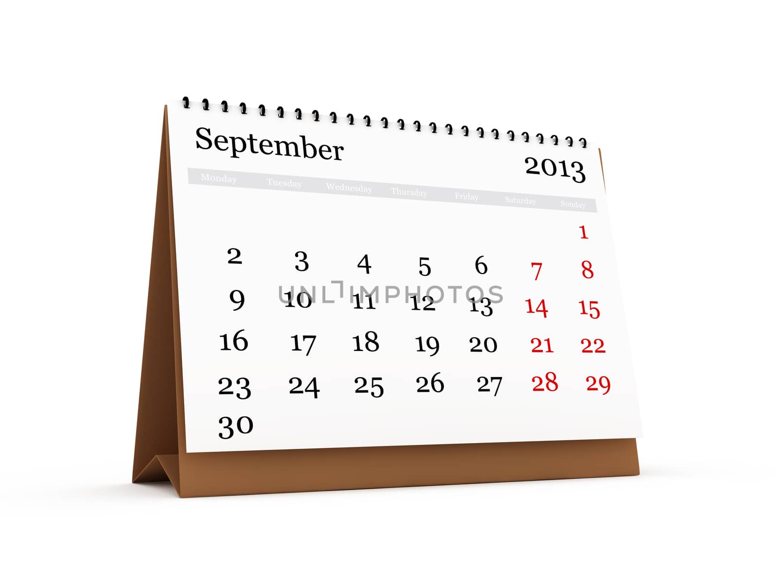 Desk calendar, September month, 2013 year, isolated on white background.