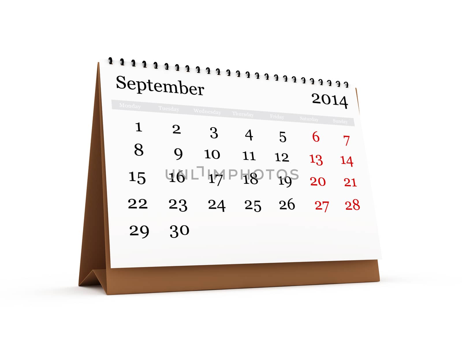 Desk calendar, September month, 2014 year, isolated on white background.