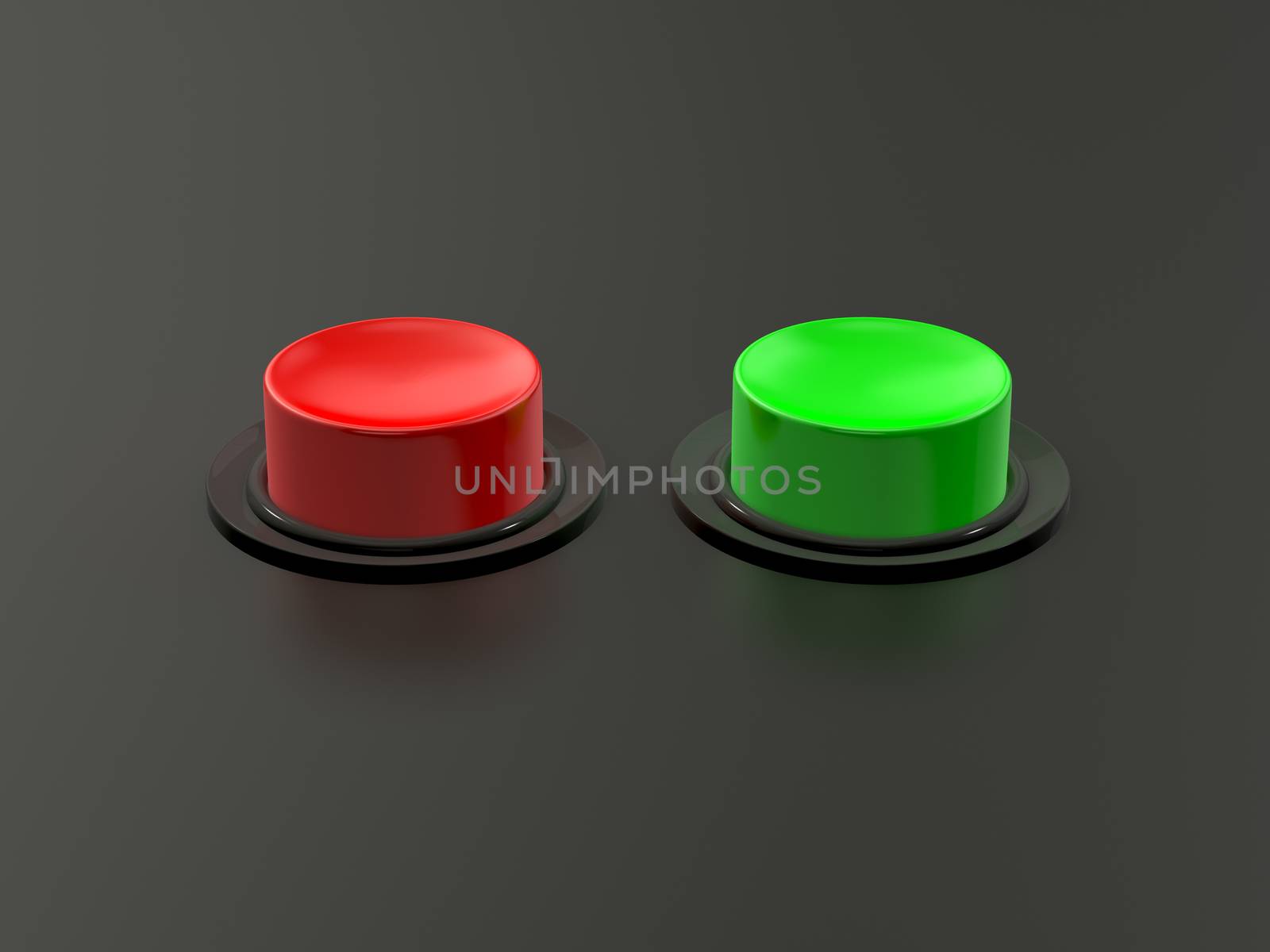 Blank red and green buttons on dark background with reflection.