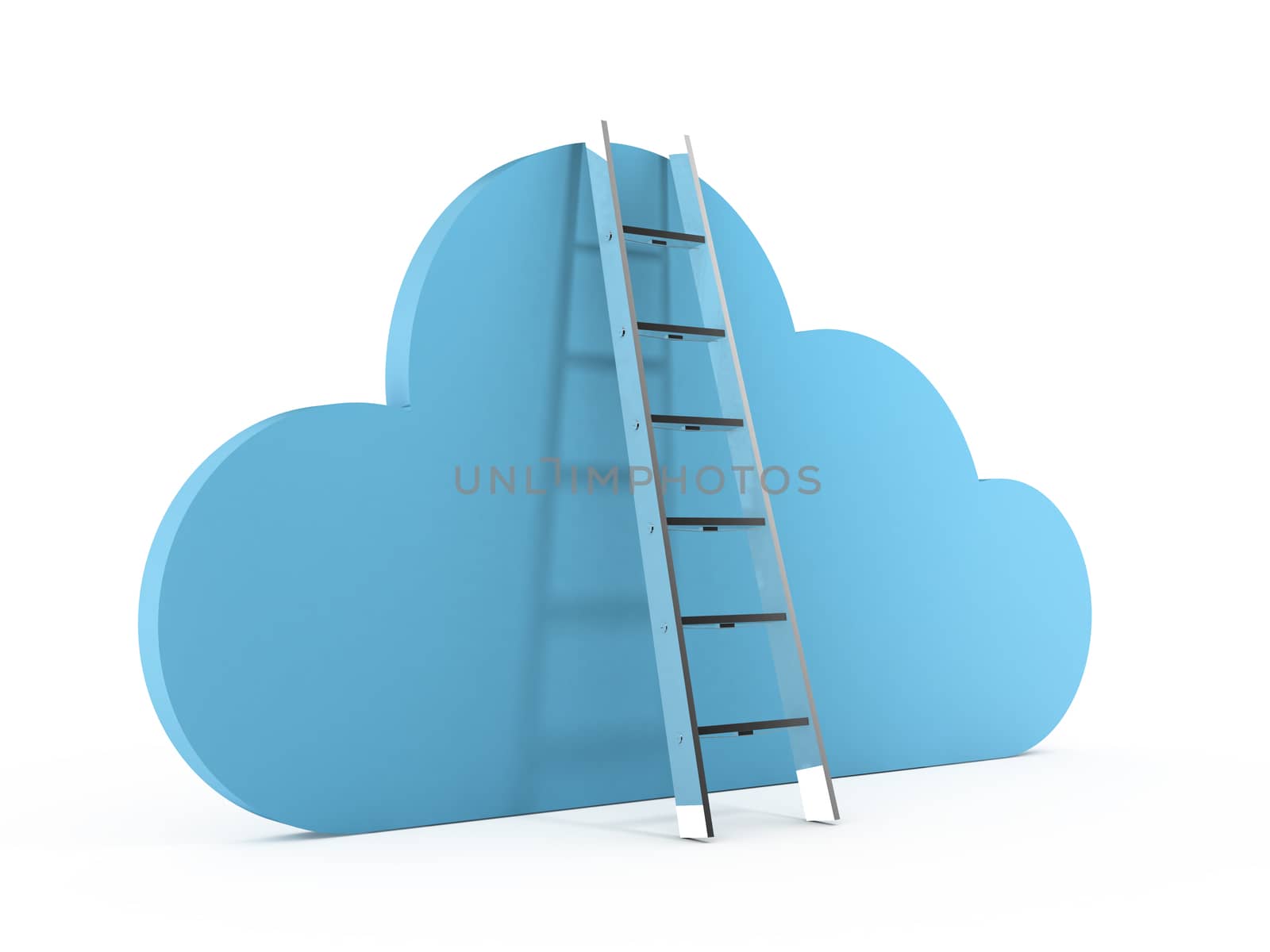 Download and sync concept, cloud technology with blue cloud and ladder, isolated on white background.