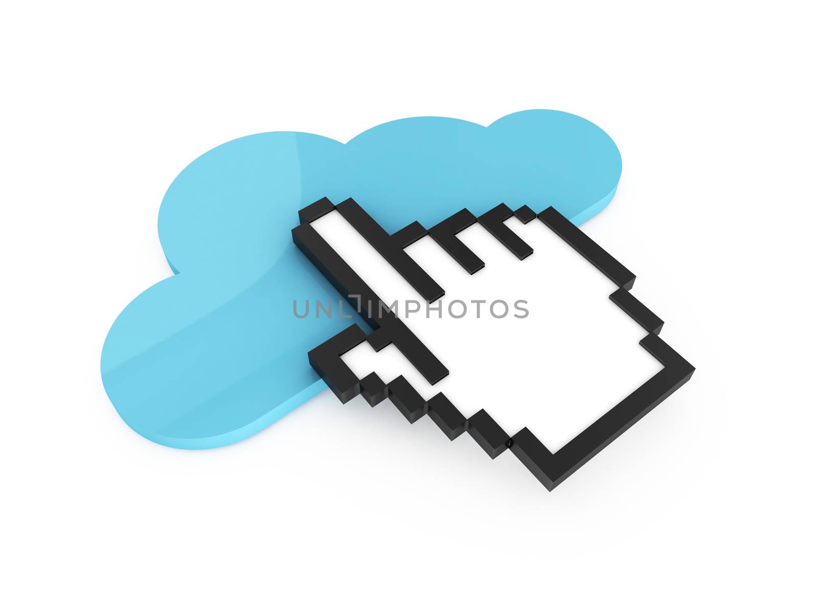 Blue cloud technology button and black pixel hand cursor, pointer for click, isolated on white background.