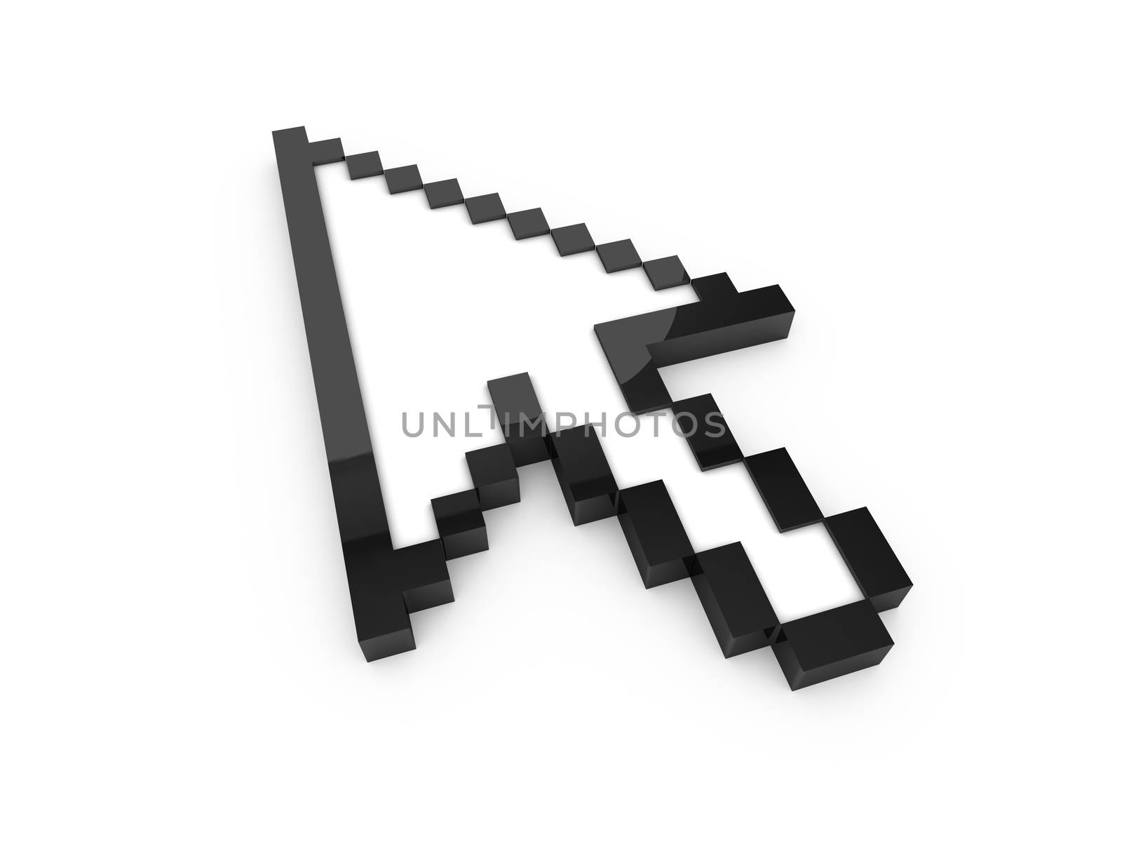 Black pixel arrow cursor, pointer with reflection, isolated on white background.
