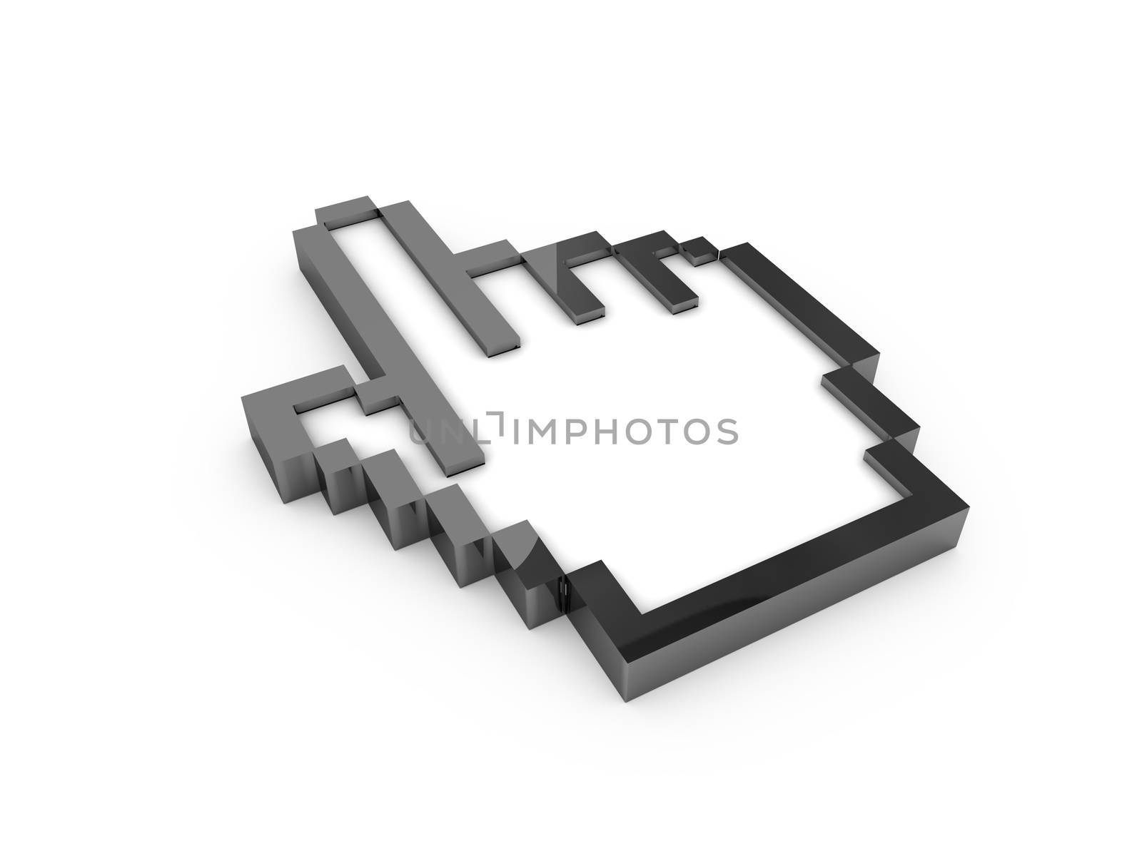 Black pixel hand cursor, pointer with reflection, isolated on white background.