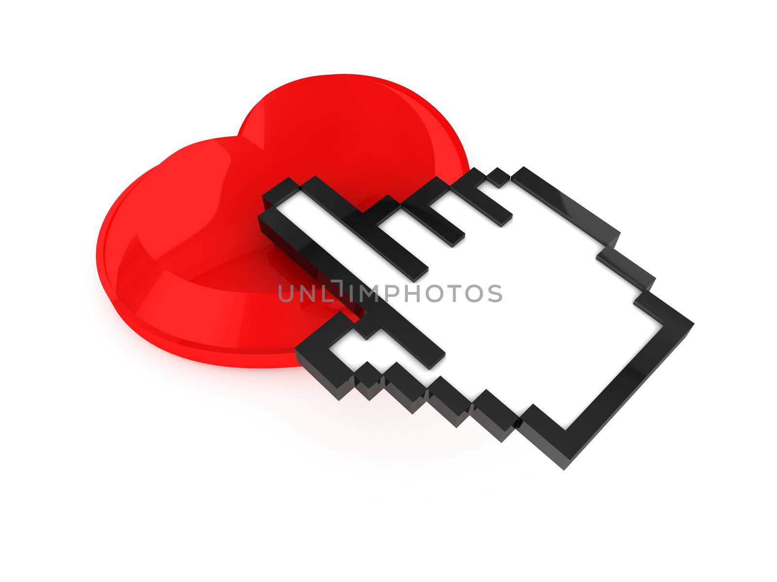 Pixel hand cursor, pointer on heart shaped love button, isolated on white background.