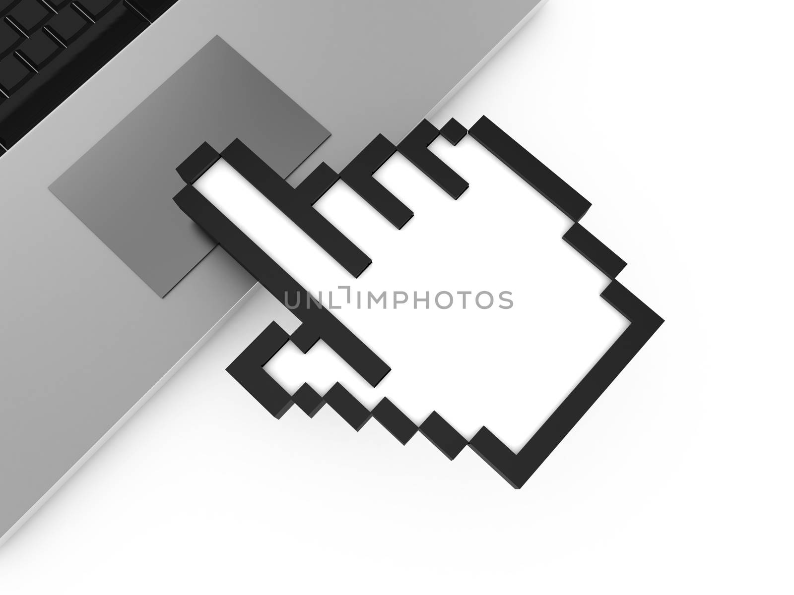 Black pixel hand cursor, pointer touching on laptop touch pad, isolated on white background.