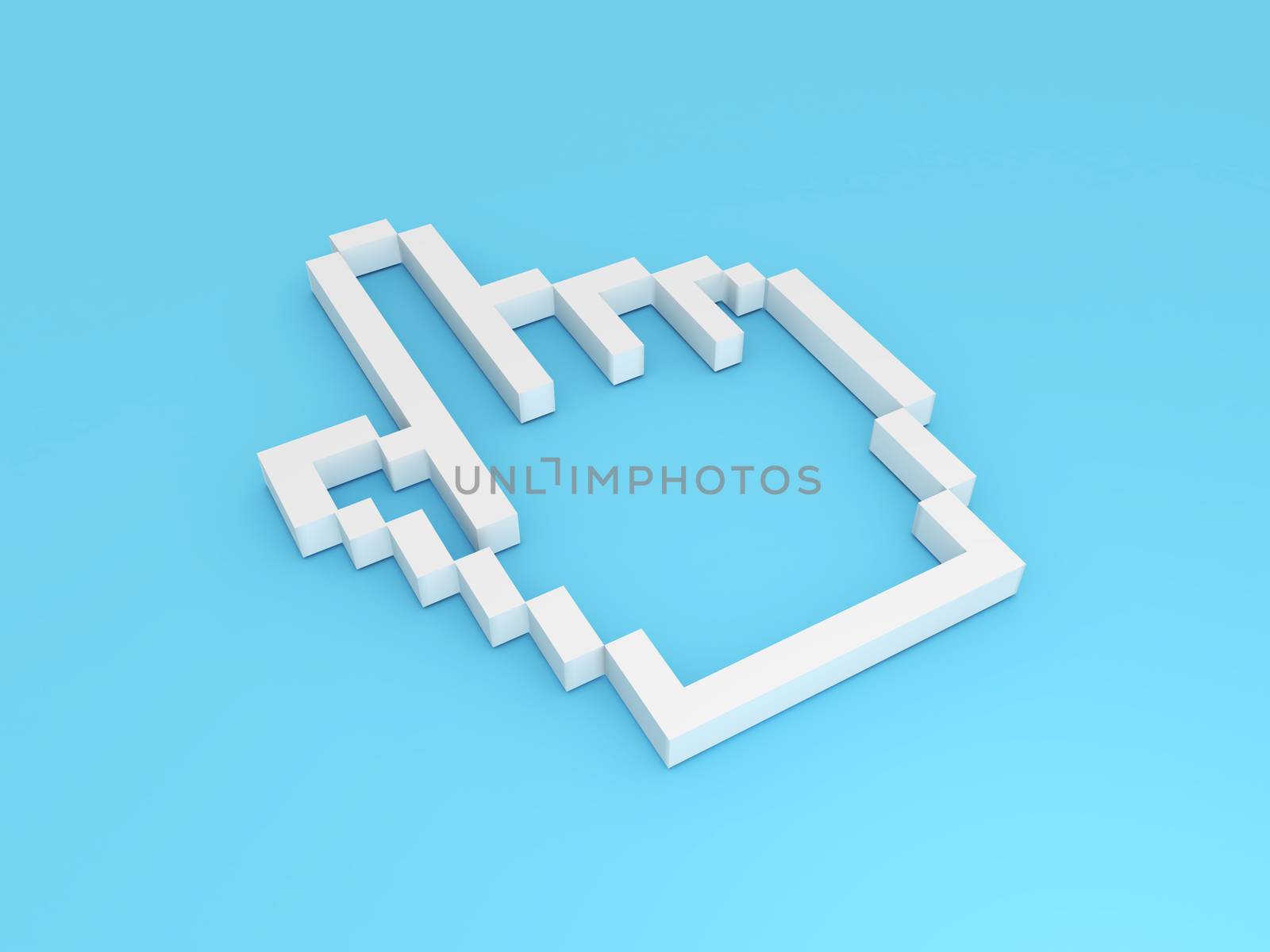 White pixels hand cursor on blue background.