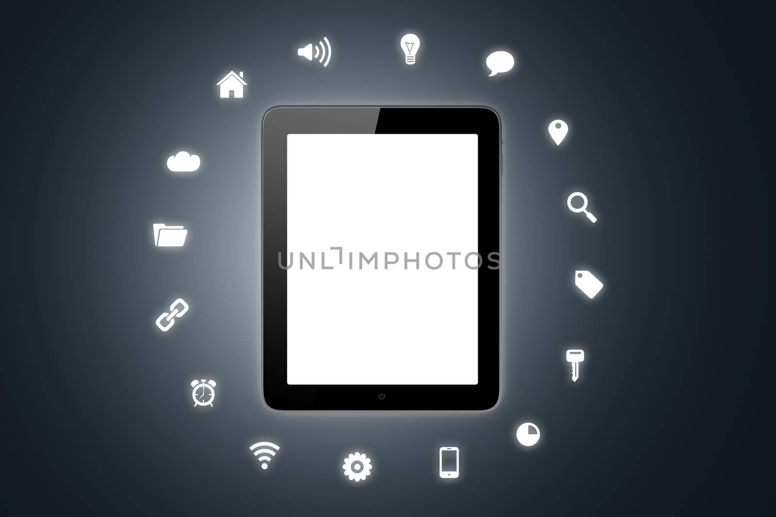White, blank, empty tablet screen with social icons around, top view on dark background.