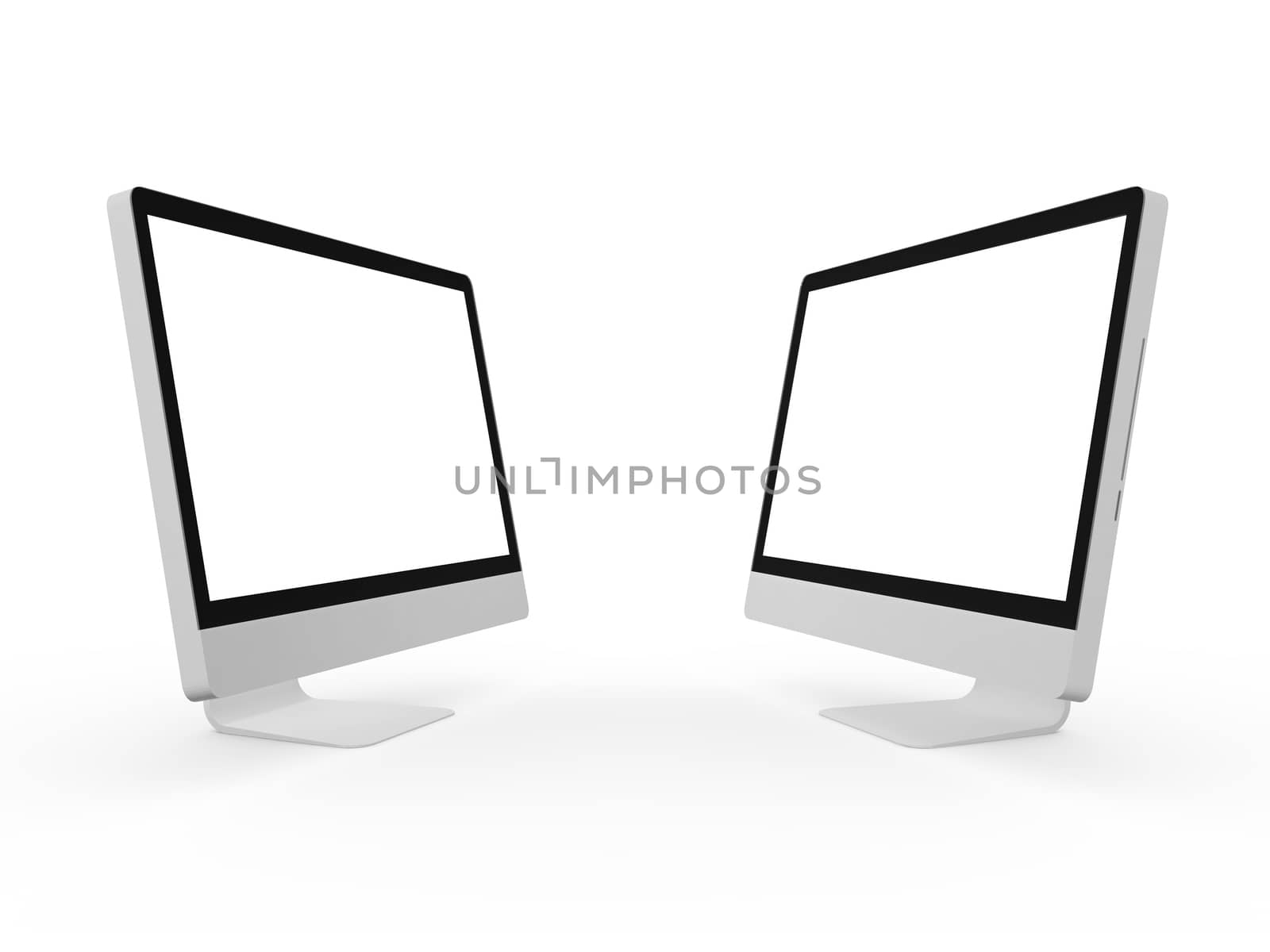Two blank desktop computer screens, isolated on white background.