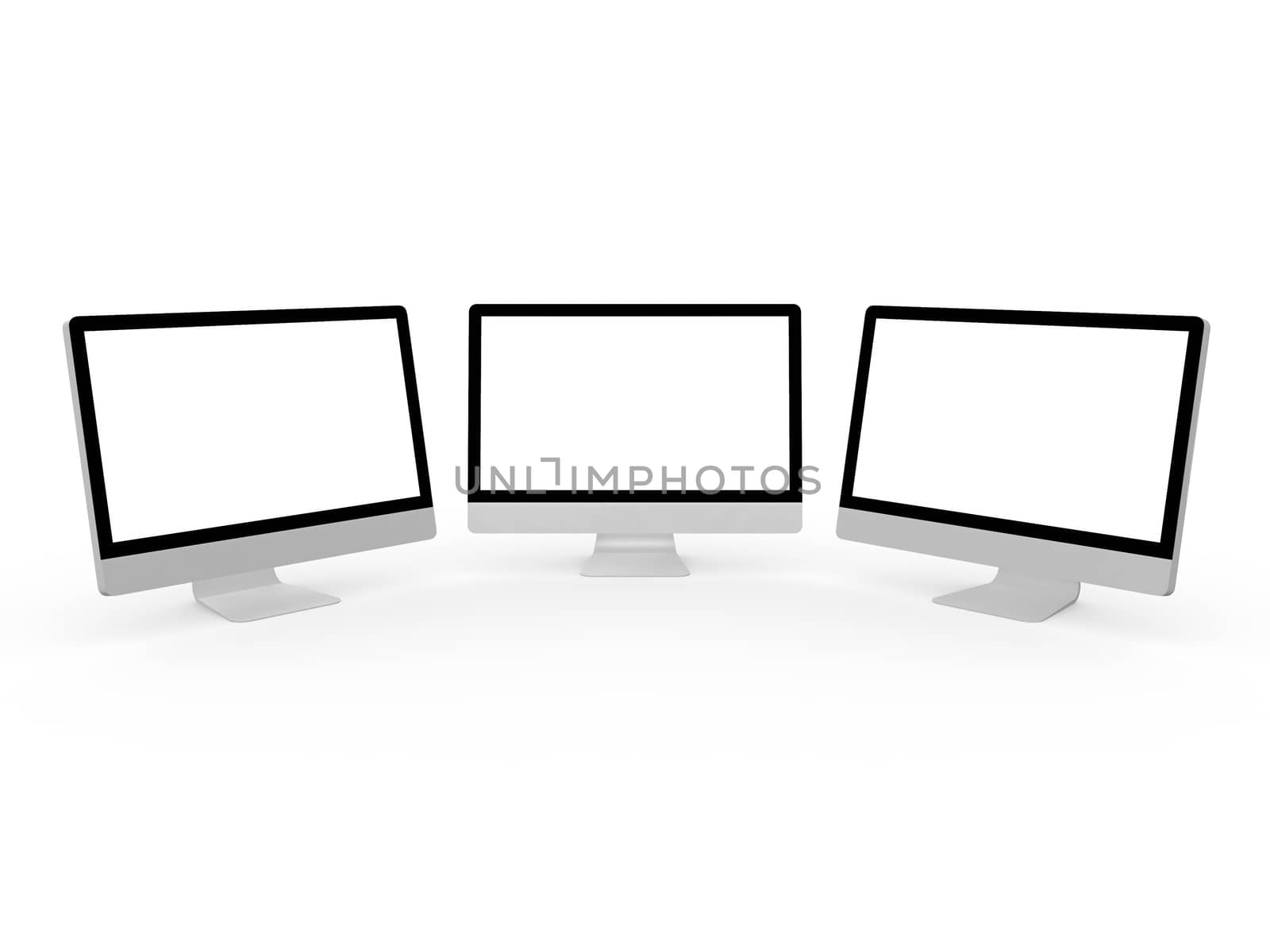 Three blank desktop computer screens, isolated on white background.