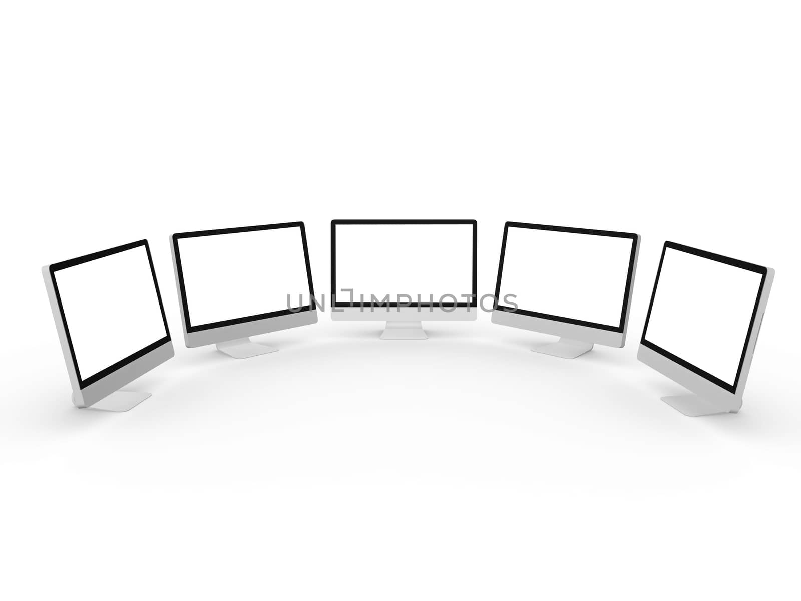 Five blank desktop computer screens, isolated on white background.