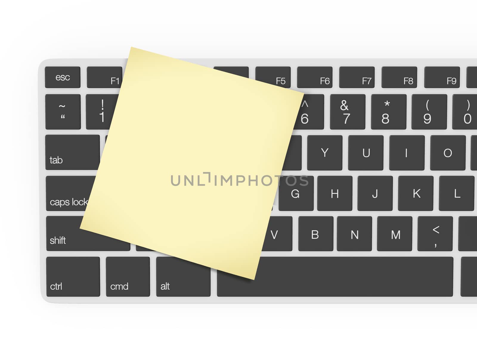 Keyboard and yellow blank sticky note, isolated on white background.