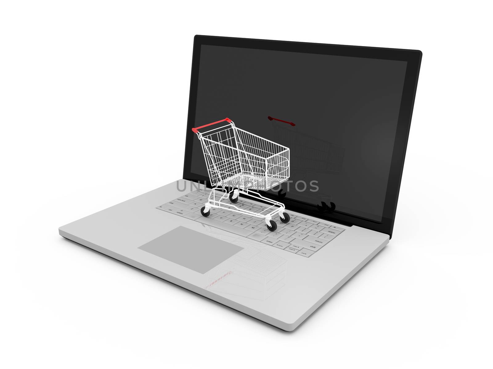 Red shiny shopping cart on laptop with reflection to blank screen, isolated on white background.