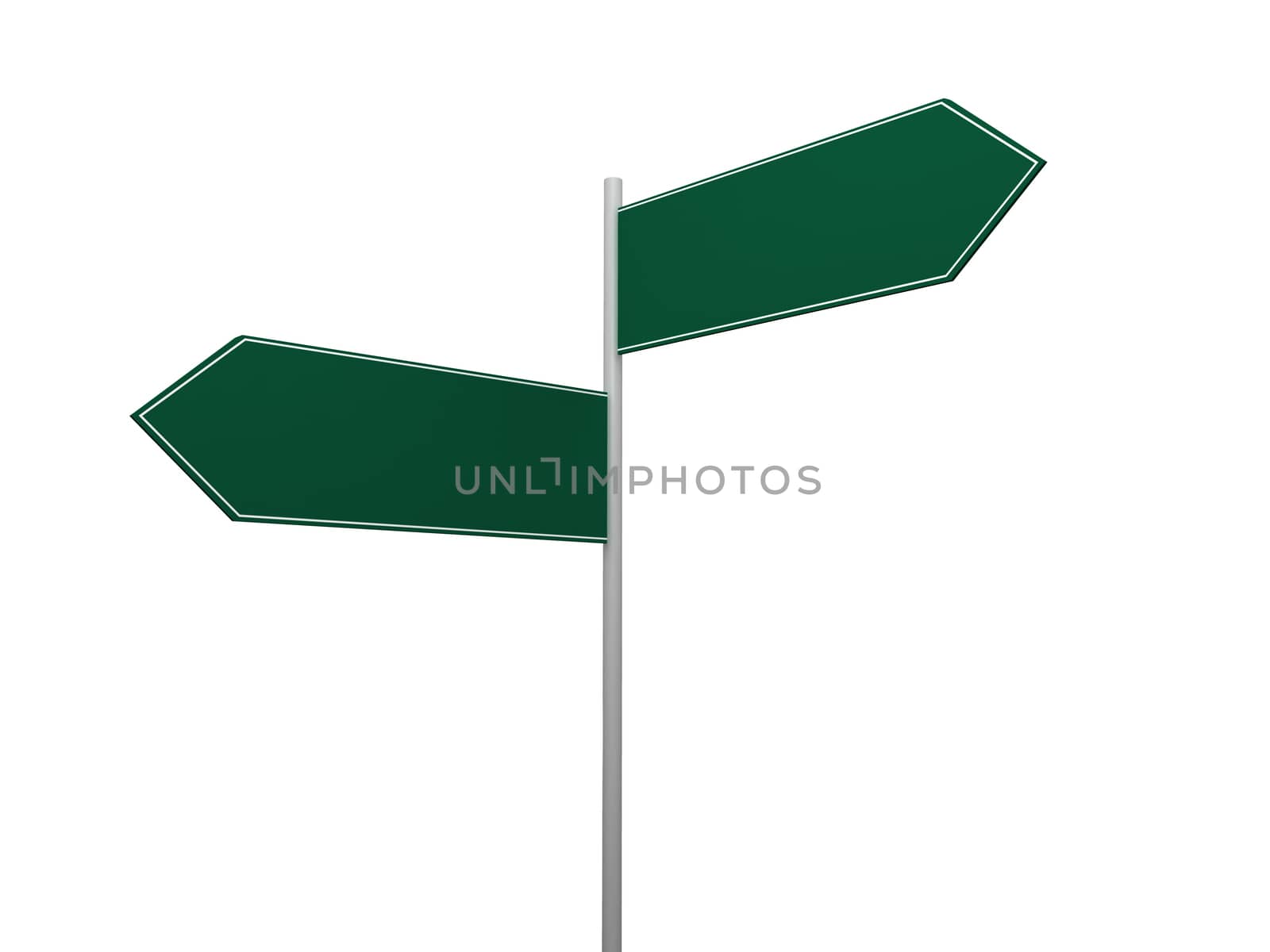 Blank, green left and right arrow crossroad sign template, isolated on white background.