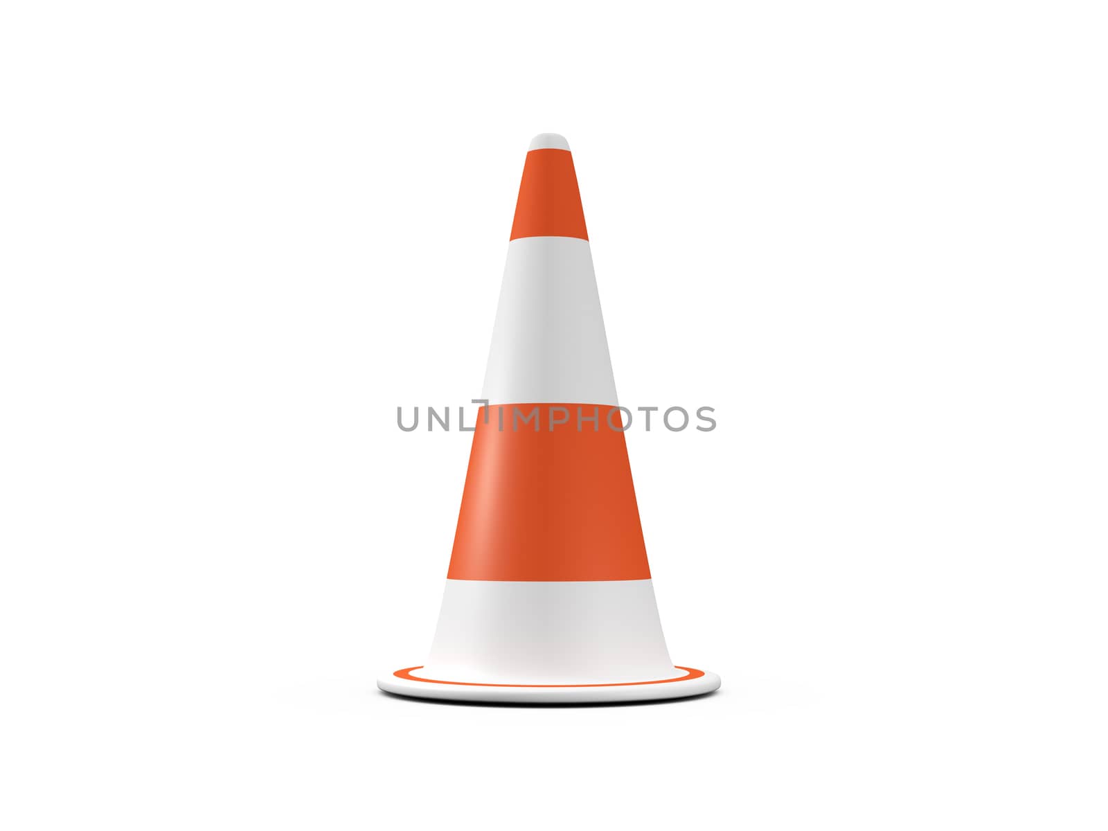 Single orange highway traffic cone with white stripes, isolated on white background.