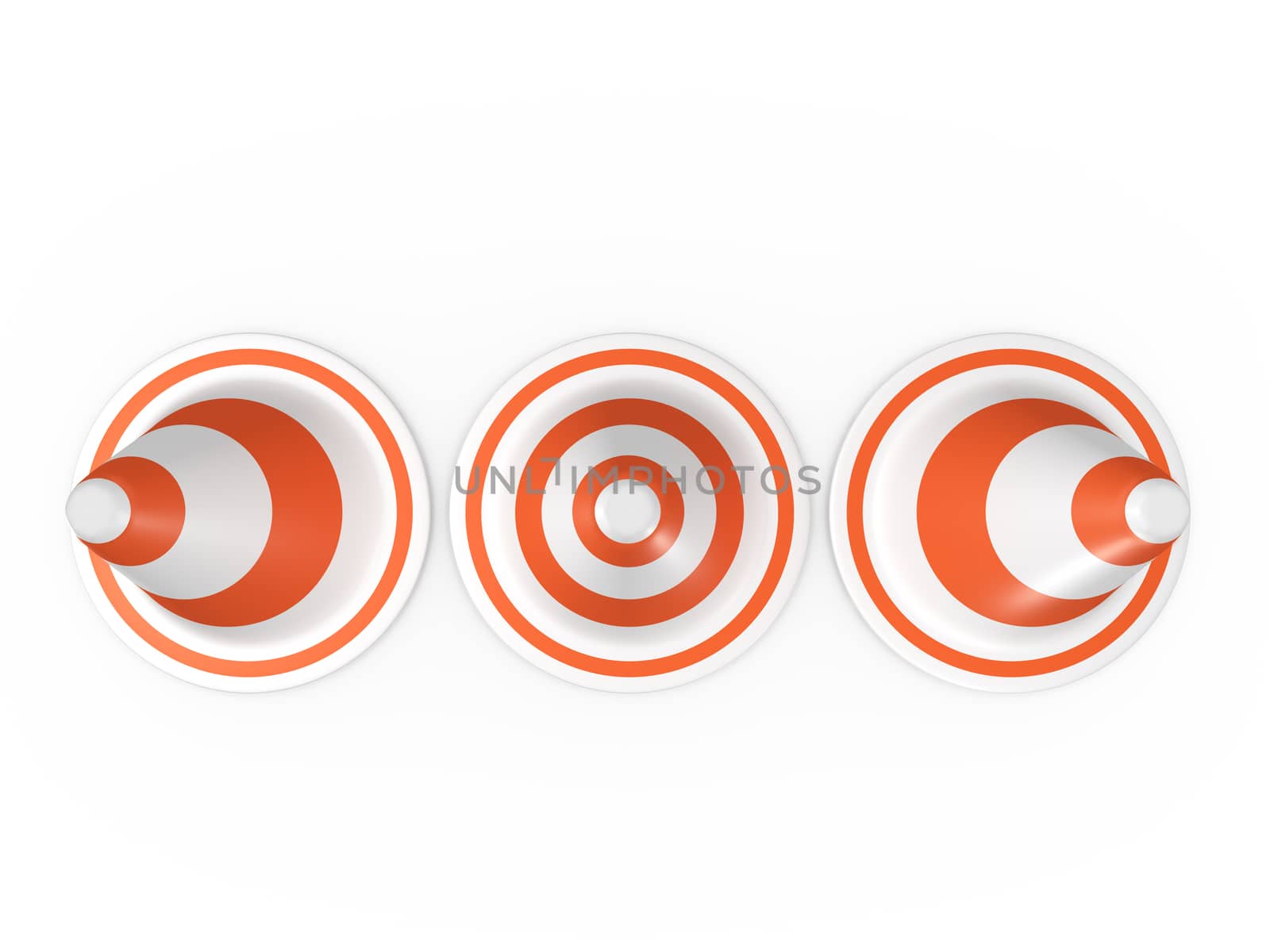 Orange highway traffic cones with white stripes in a row, isolated on white background.