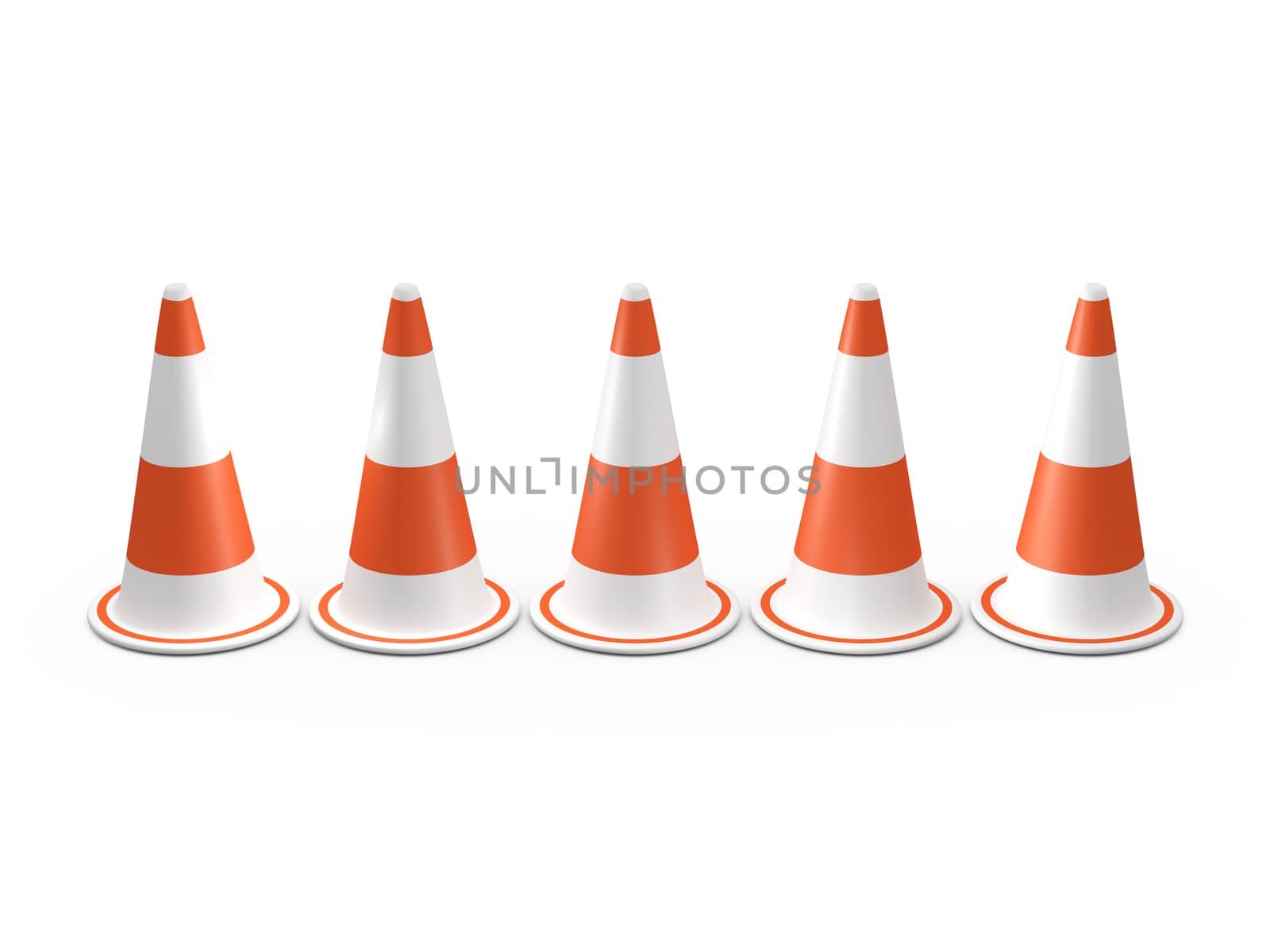 Orange highway traffic cones with white stripes in a row, isolated on white background.