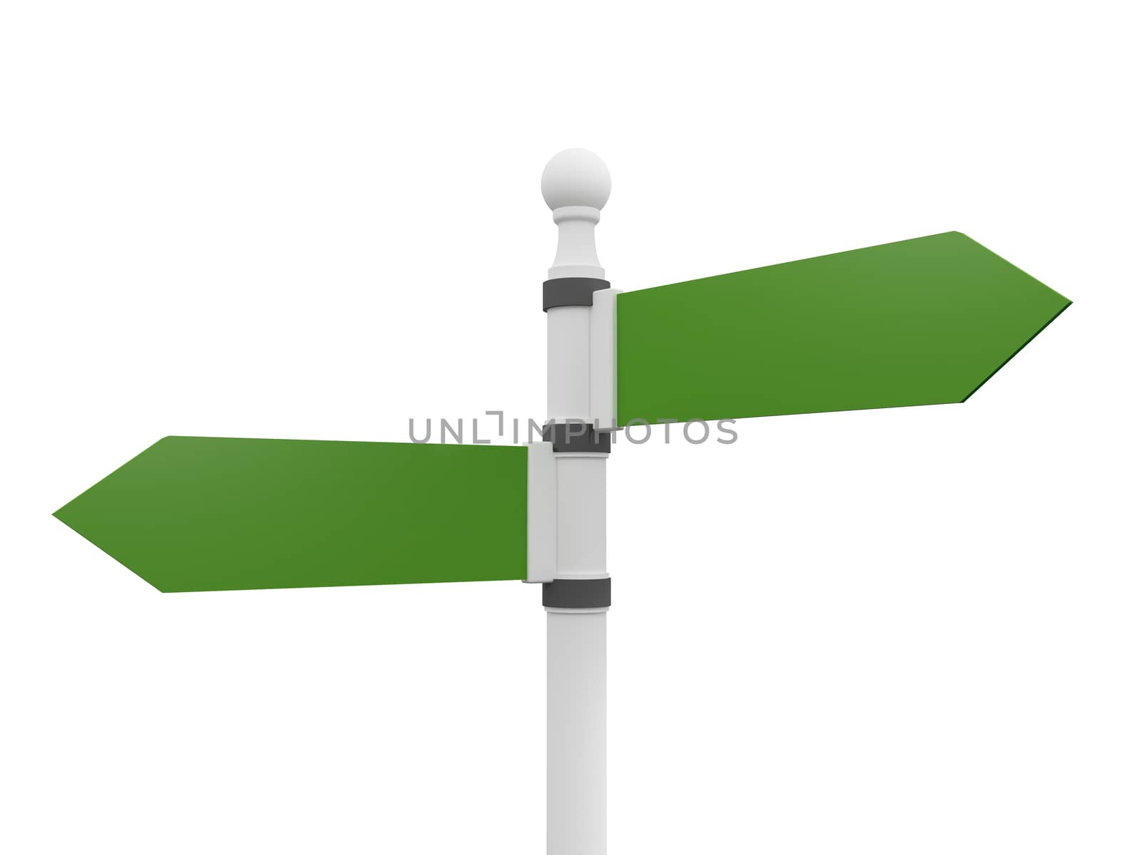 Green, shiny traffic, road signs, left and right, isolated on white background.