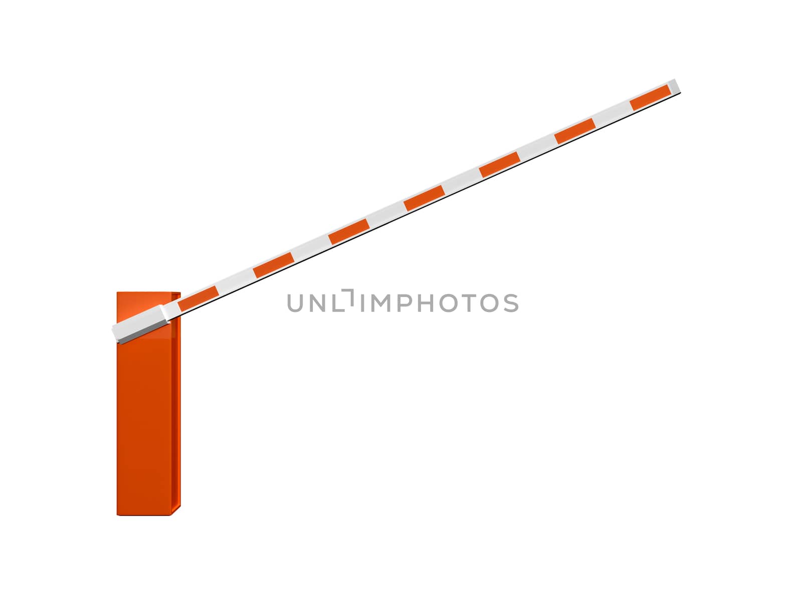 Opened striped road barrier for entrance, isolated on white background.