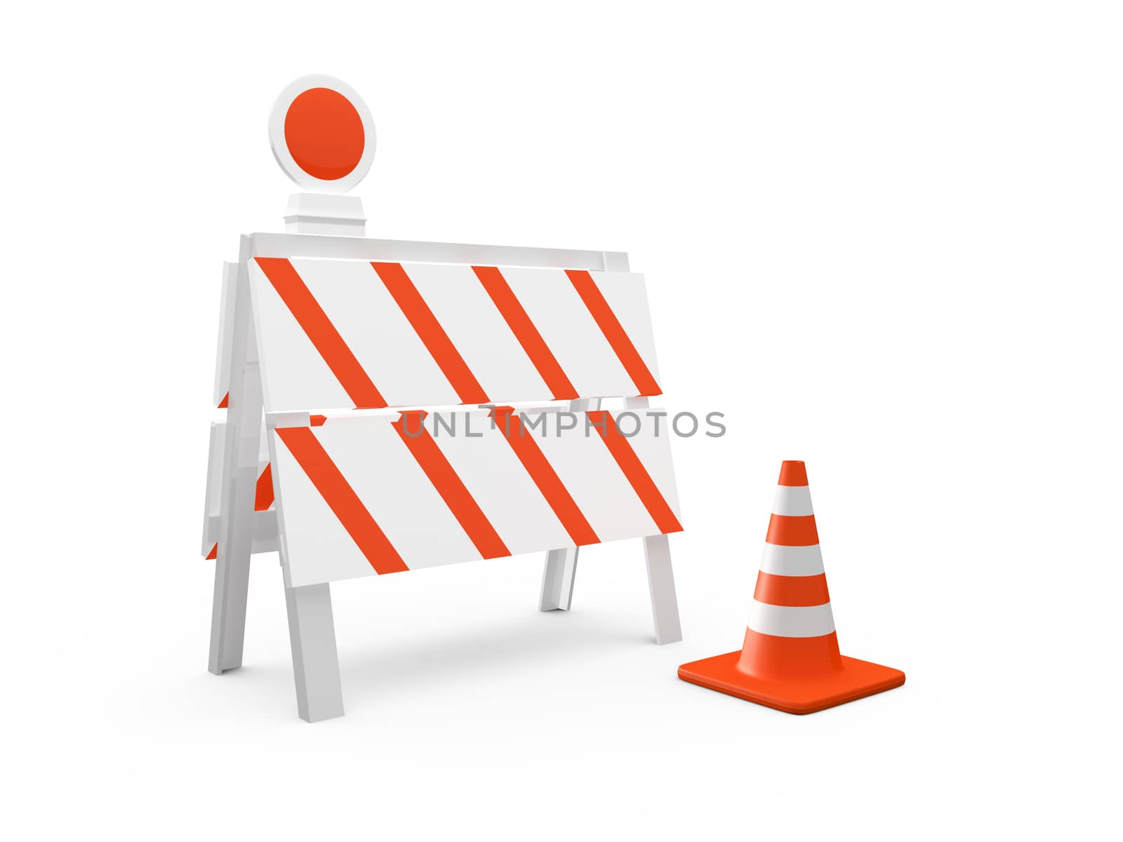 Road barrier or construction sign with light and highway traffic cone with white stripes, isolated on white background.