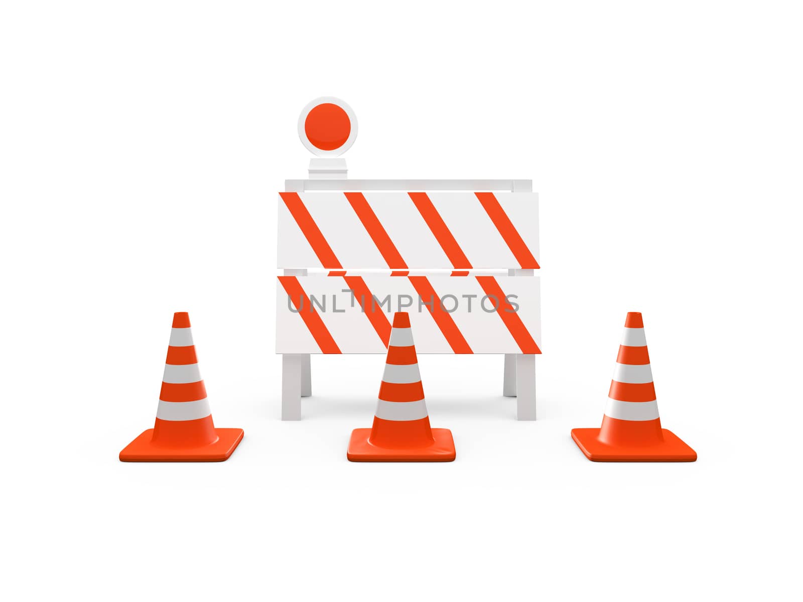 Road barrier or construction sign with light and group of highway traffic cones with white stripes, isolated on white background.