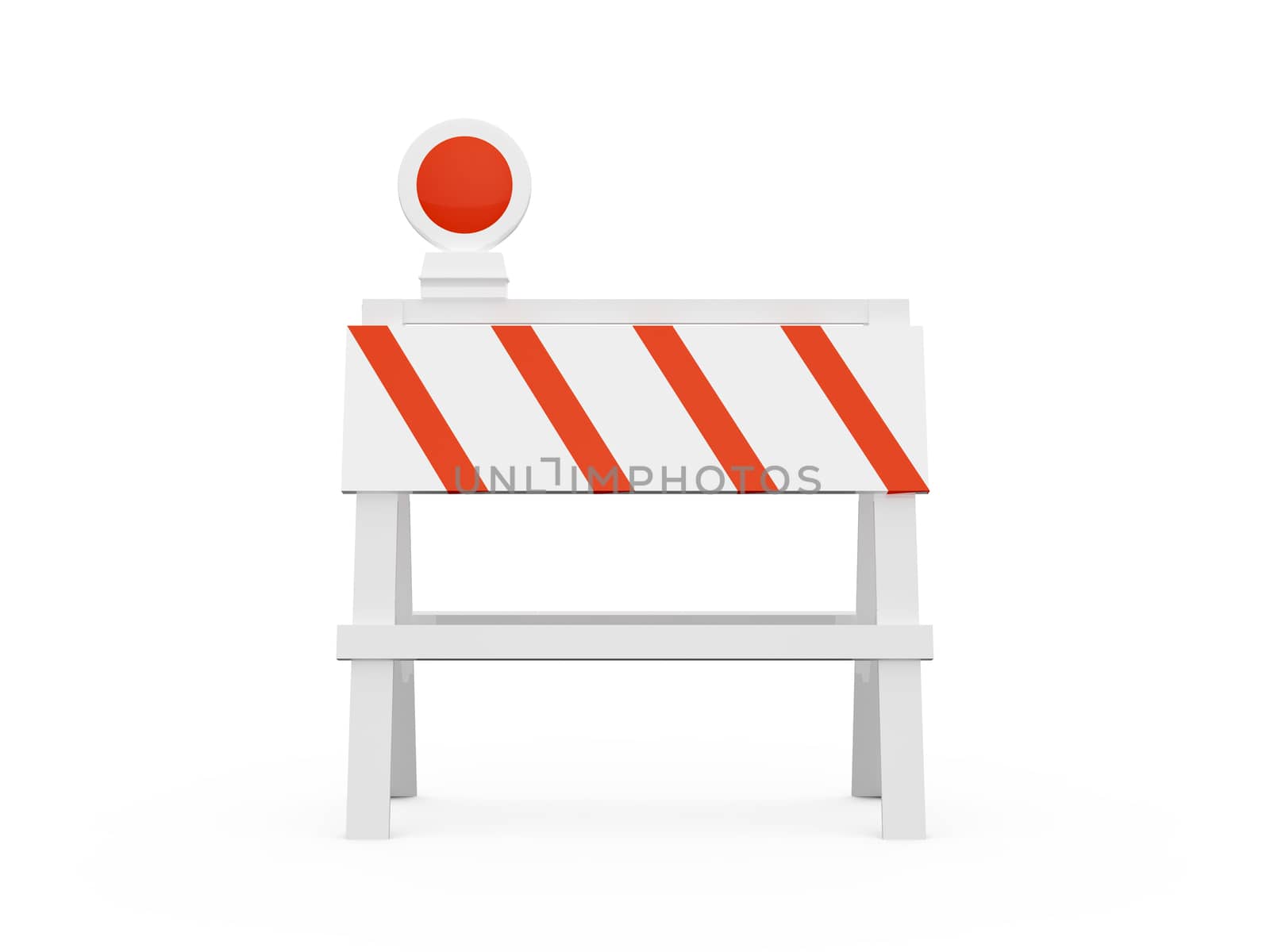 Road barrier or construction sign with light, front view, isolated on white background.