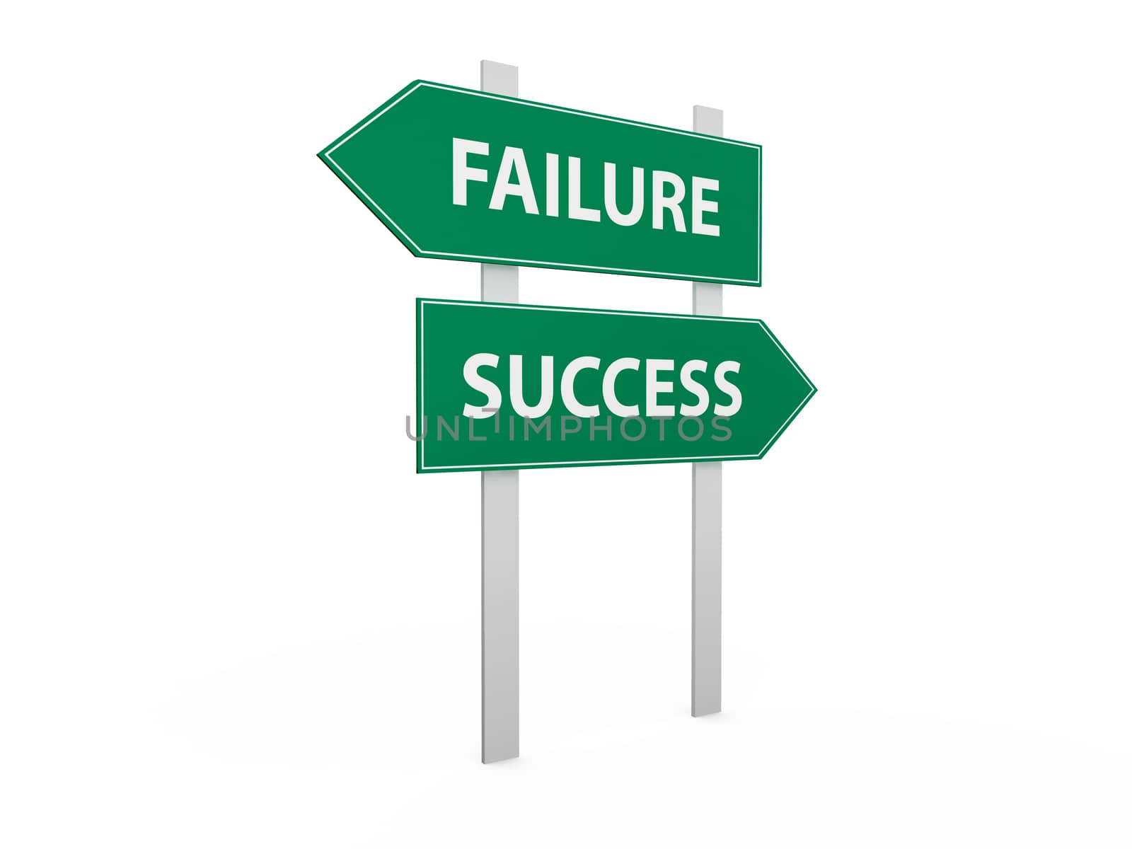 Green success and failure road signs, isolated on white background.