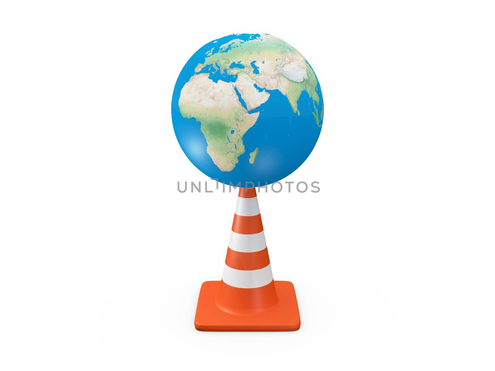 Orange highway traffic cones with white stripes and globe, earth top point of cone, isolated on white.