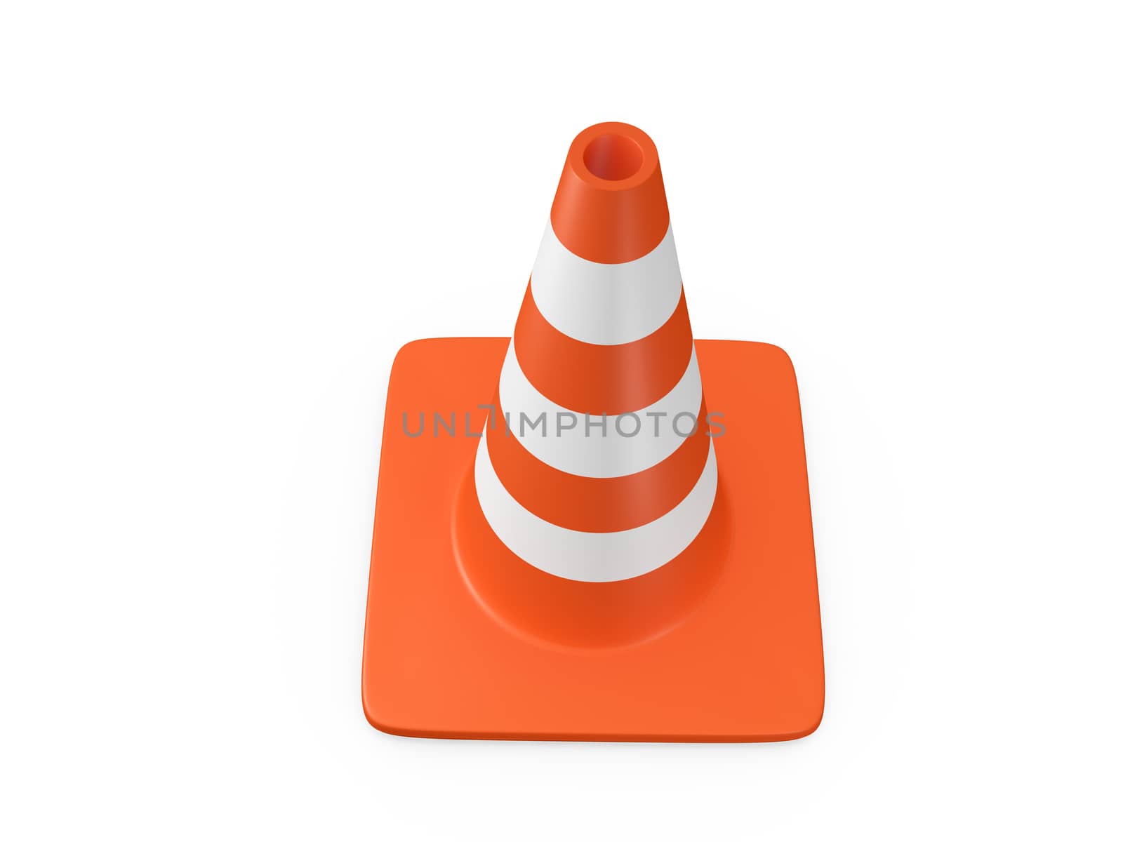 Orange highway traffic cone with white stripes, isolated on white background.