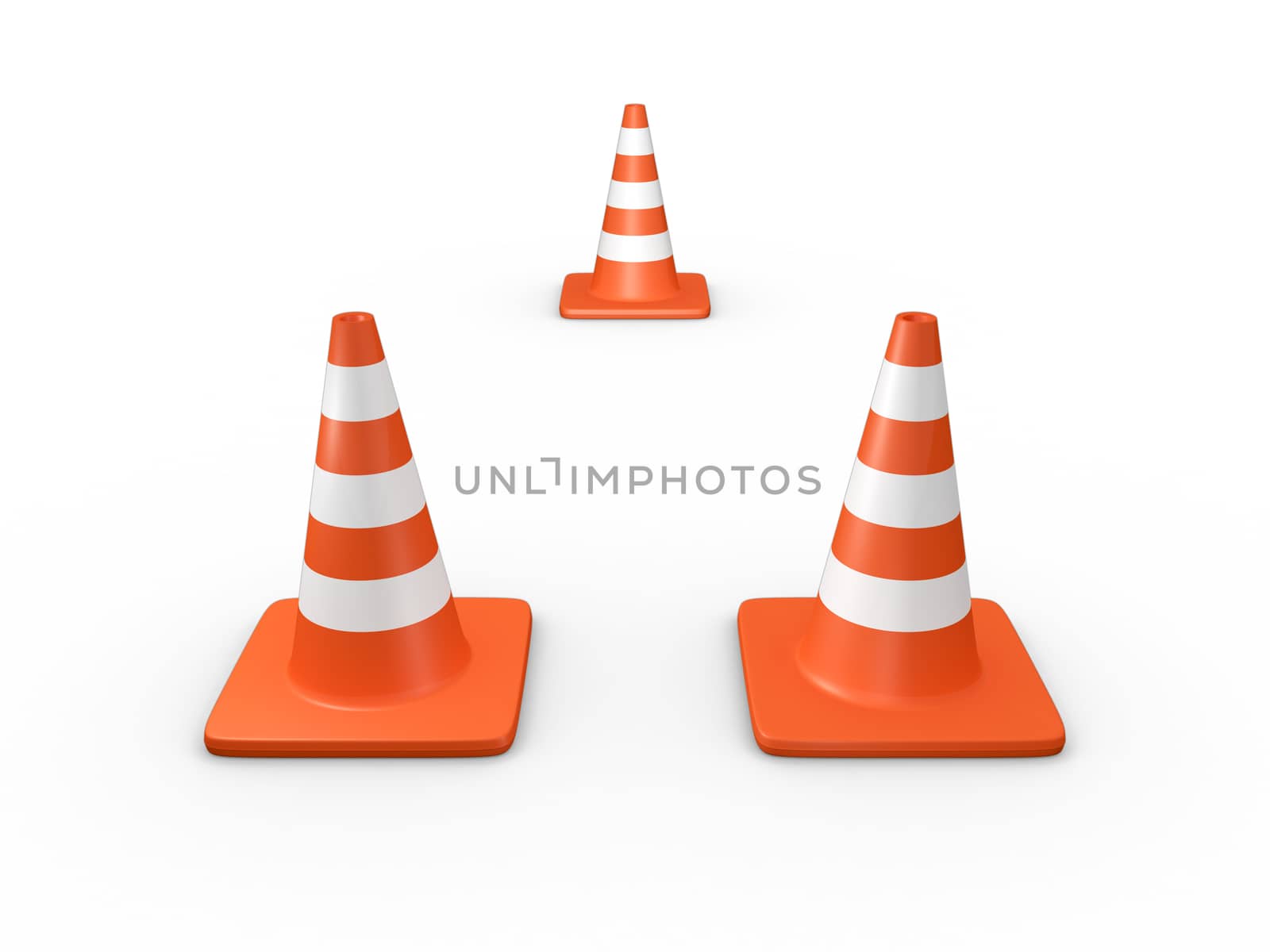 Group of orange highway traffic cones with white stripes, isolated on white background.
