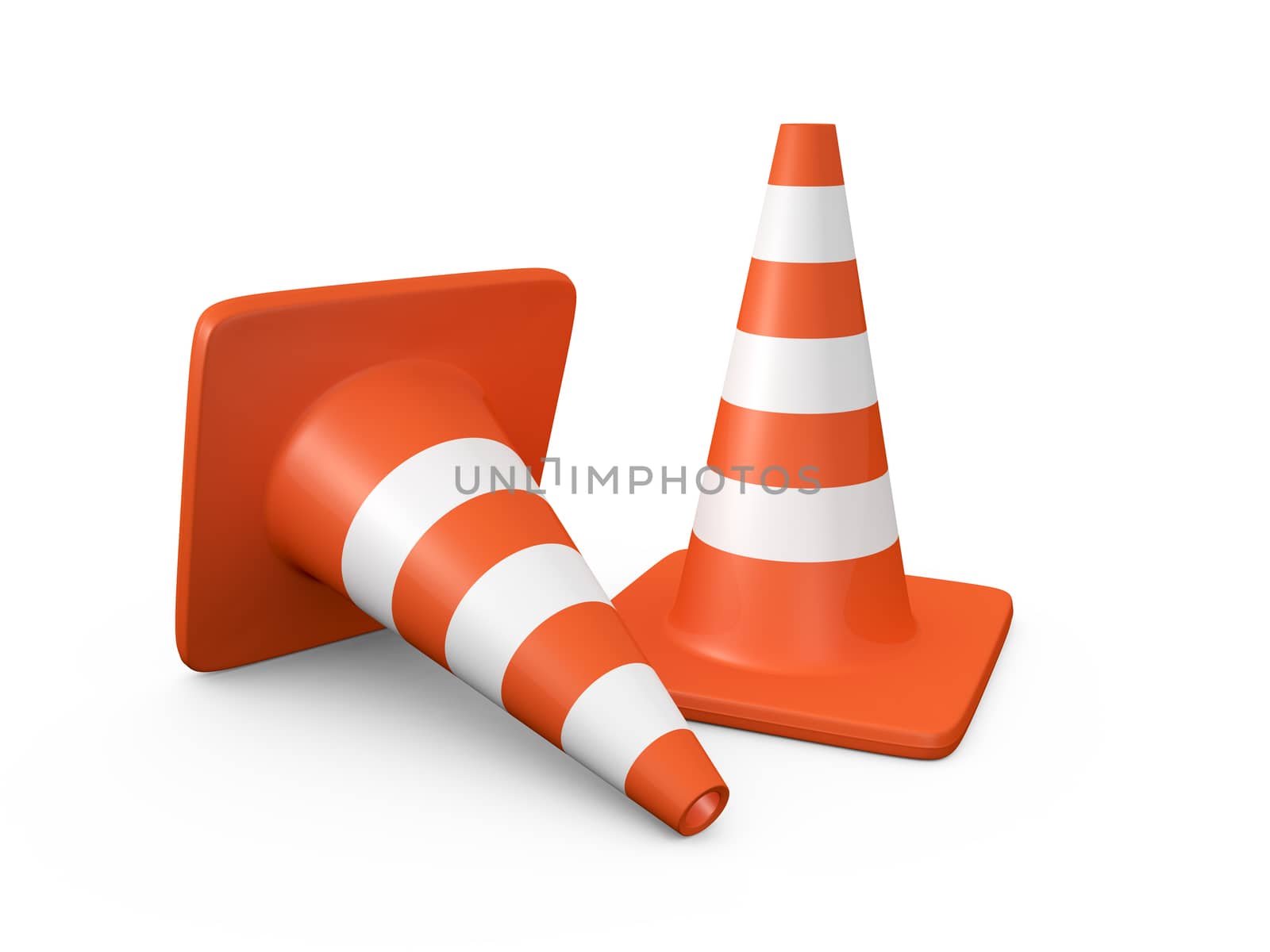 Group of orange highway traffic cones with white stripes, one is falled down, isolated on white background.