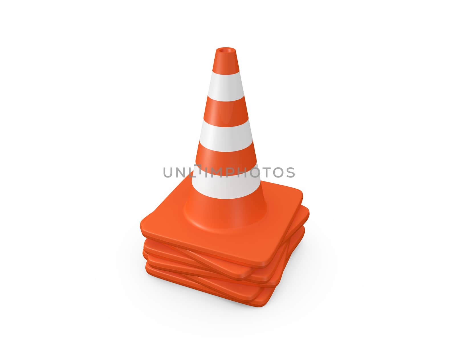 Group of orange highway traffic cones with white stripes, isolated on white background.