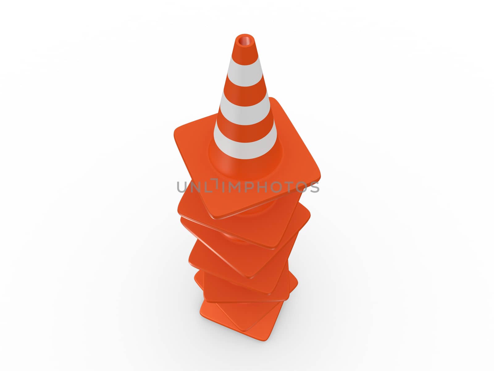 Group of orange highway traffic cones with white stripes, isolated on white background.