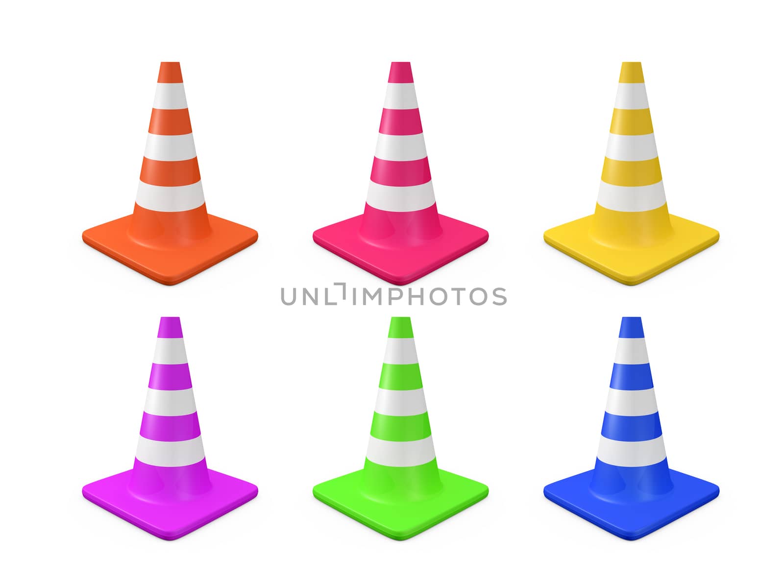 Various colors highway traffic cones with white stripes, isolated on white background.