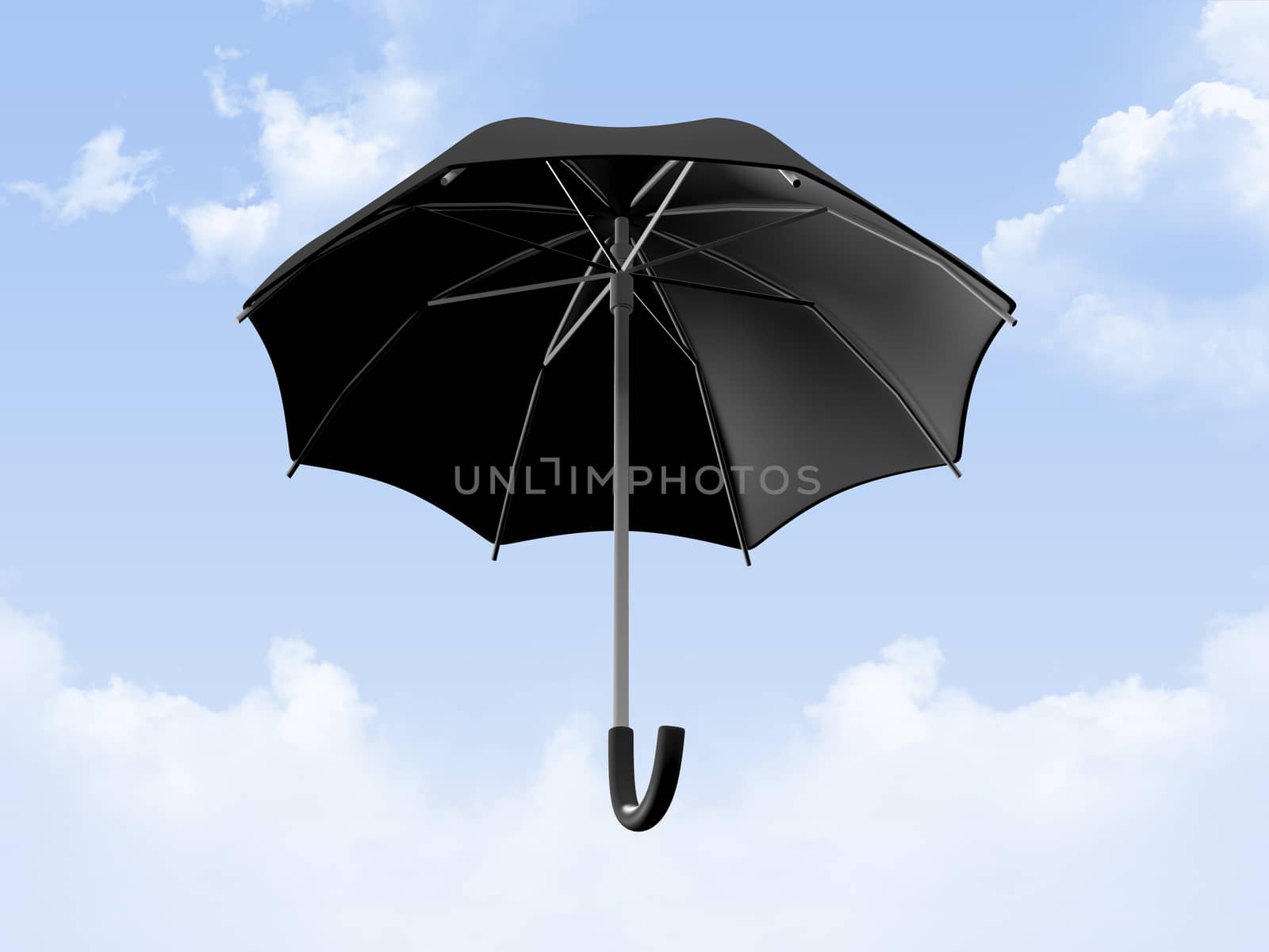 Black open umbrella against bright cloudy sky, fly on blue air.
