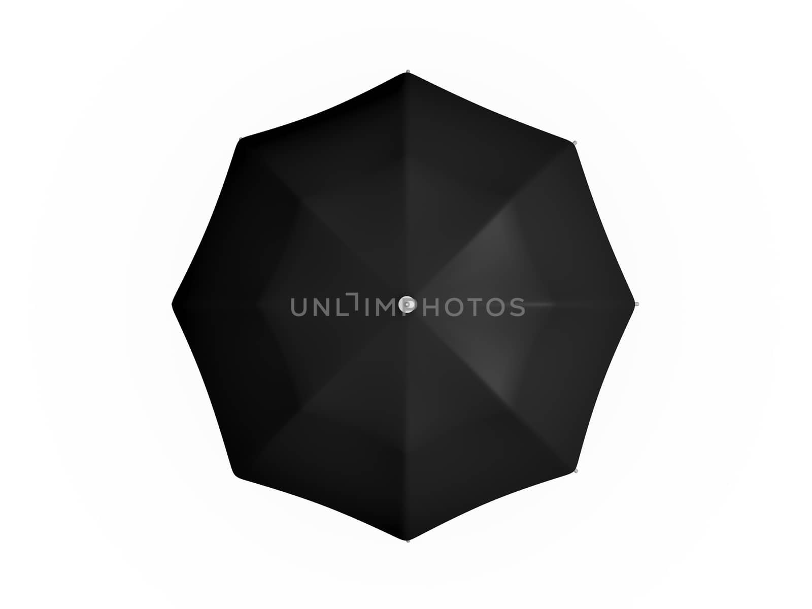 Black open umbrella, top view, isolated on white background.