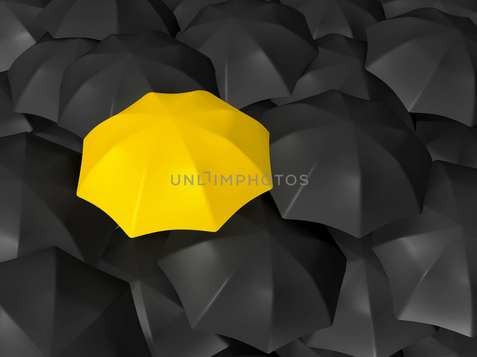 Yellow open umbrella standing out from the crowd, over many dark ones, group of black umbrellas.