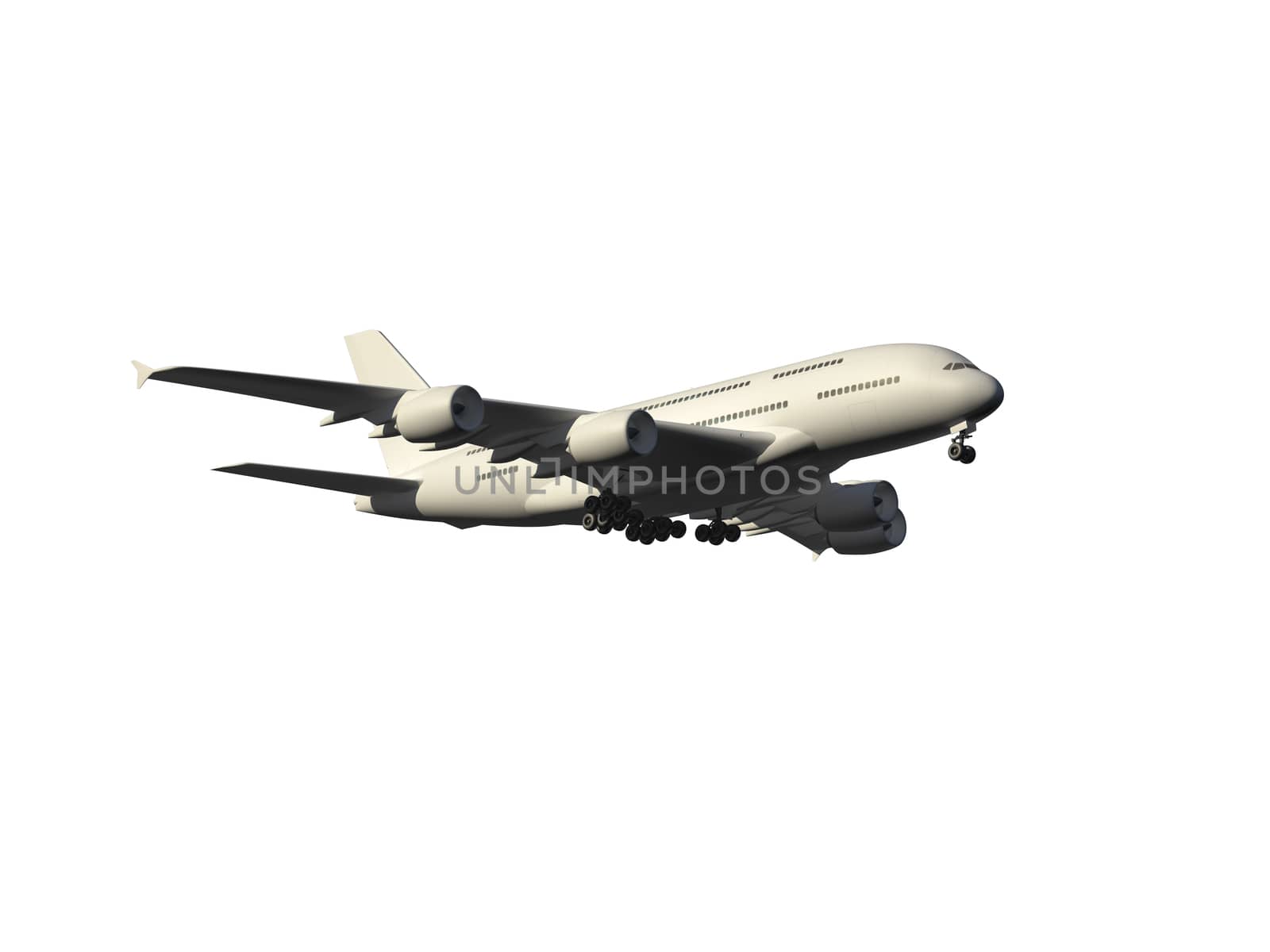Modern flying airplane, isolated on white background.